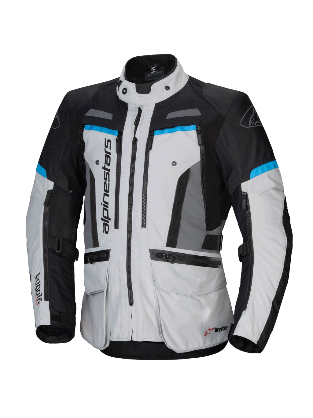 Alpinestars Bogotá Pro Drystar® jacka, herrmotorcykeljacka för adventure-touring, isgrå och svart med cyan, vattentät.