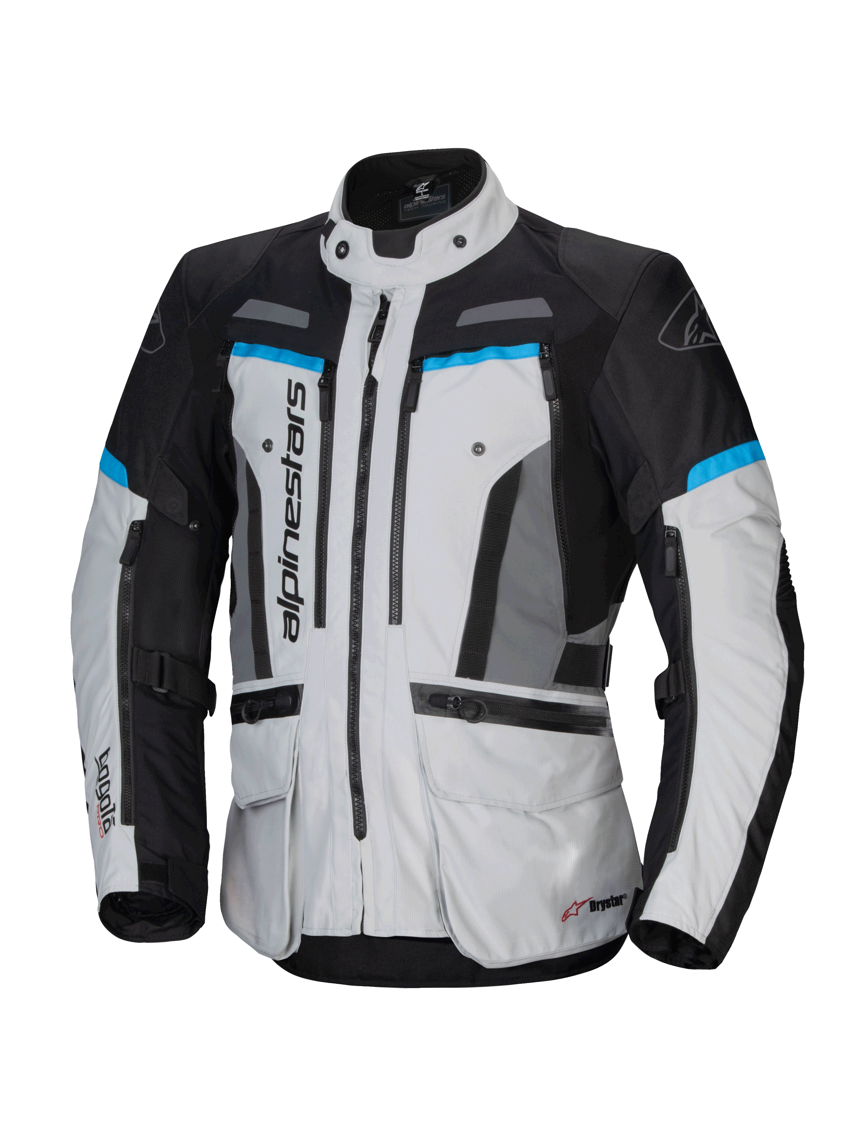 Alpinestars Bogotá Pro Drystar® jacka, herrmotorcykeljacka för adventure-touring, isgrå och svart med cyan, vattentät.