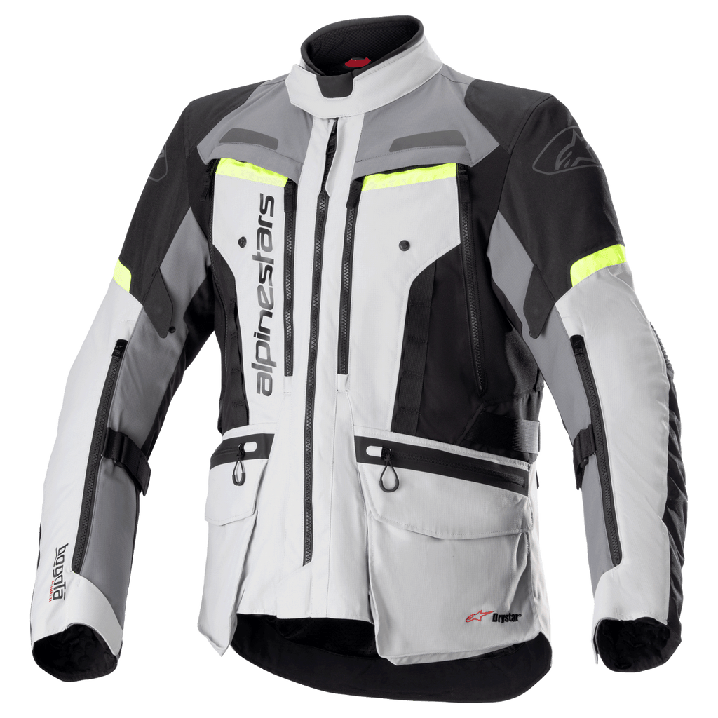 Alpinestars Bogota Pro Drystar Jacket, Motorcycle Adventure Touring Jacket, Ice Gray and Dark Gray with Black panels and Yellow Fluo accents, featuring multiple cargo pockets and ventilation zippers, durable waterproof textile design for all-weather riding