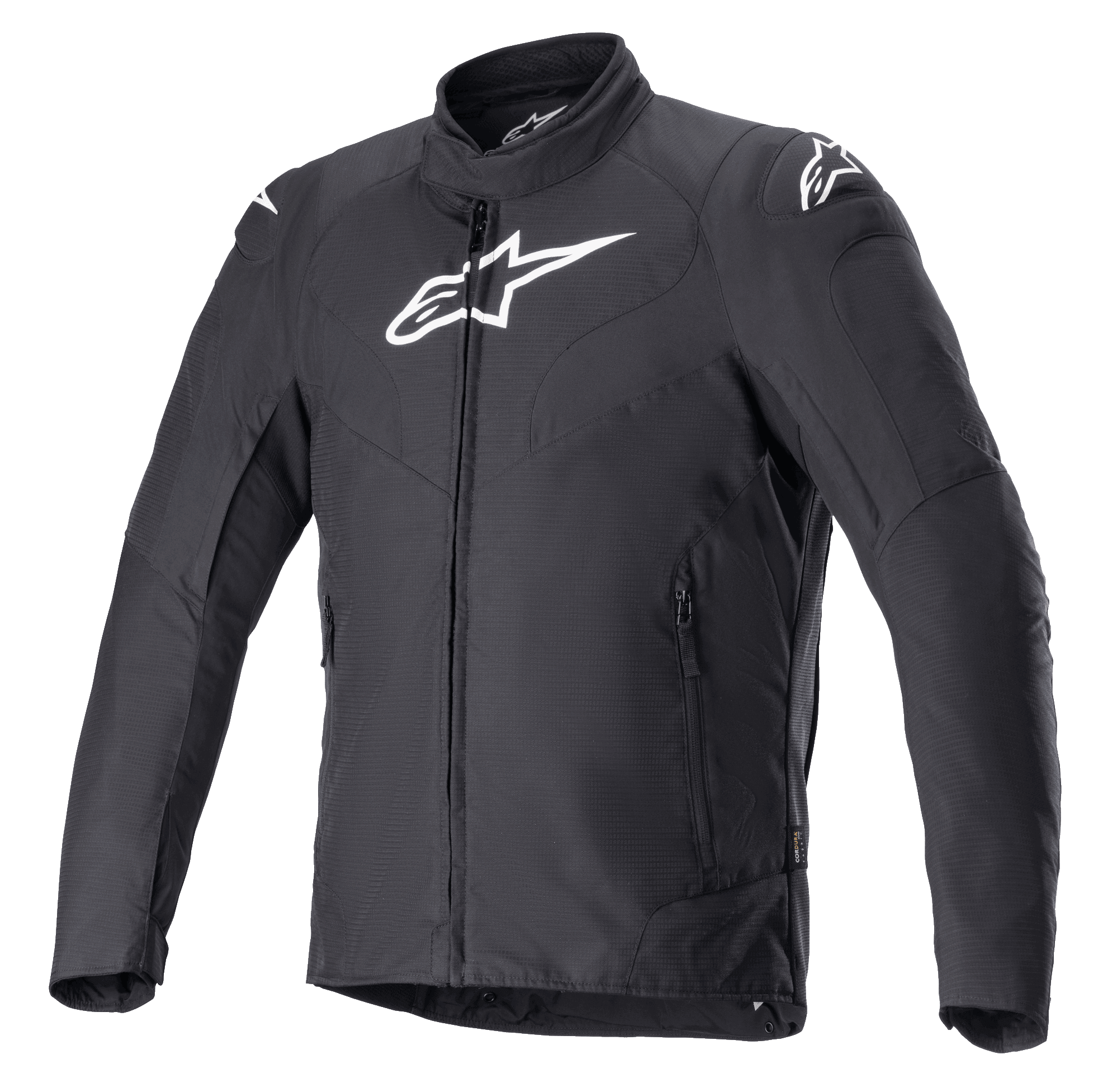 Alpinestars RX-3 vattentät jacka, svart motorcykeljacka, teknisk Ripstop CORDURA®-konstruktion, hög krage med hellång dragkedja, sidofickor med dragkedja, vita Alpinestars-logotyper på bröst och axlar, slimmad passform för vägprestanda