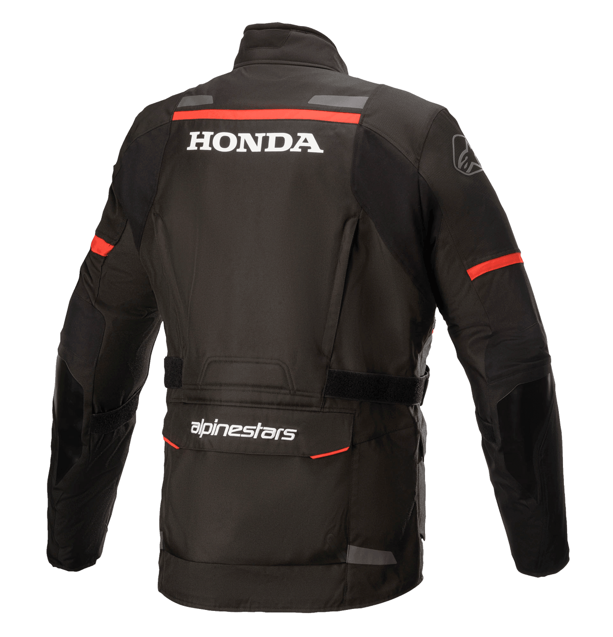 Alpinestars Honda Andes V3 Drystar® jacka, svart, ryggvy med vit Honda- och Alpinestars-logotyp, röda accentränder på axlar och ärmar, adventure touring-motorcykeljacka med reflekterande detaljer och en stor bakre förvaringsficka.
