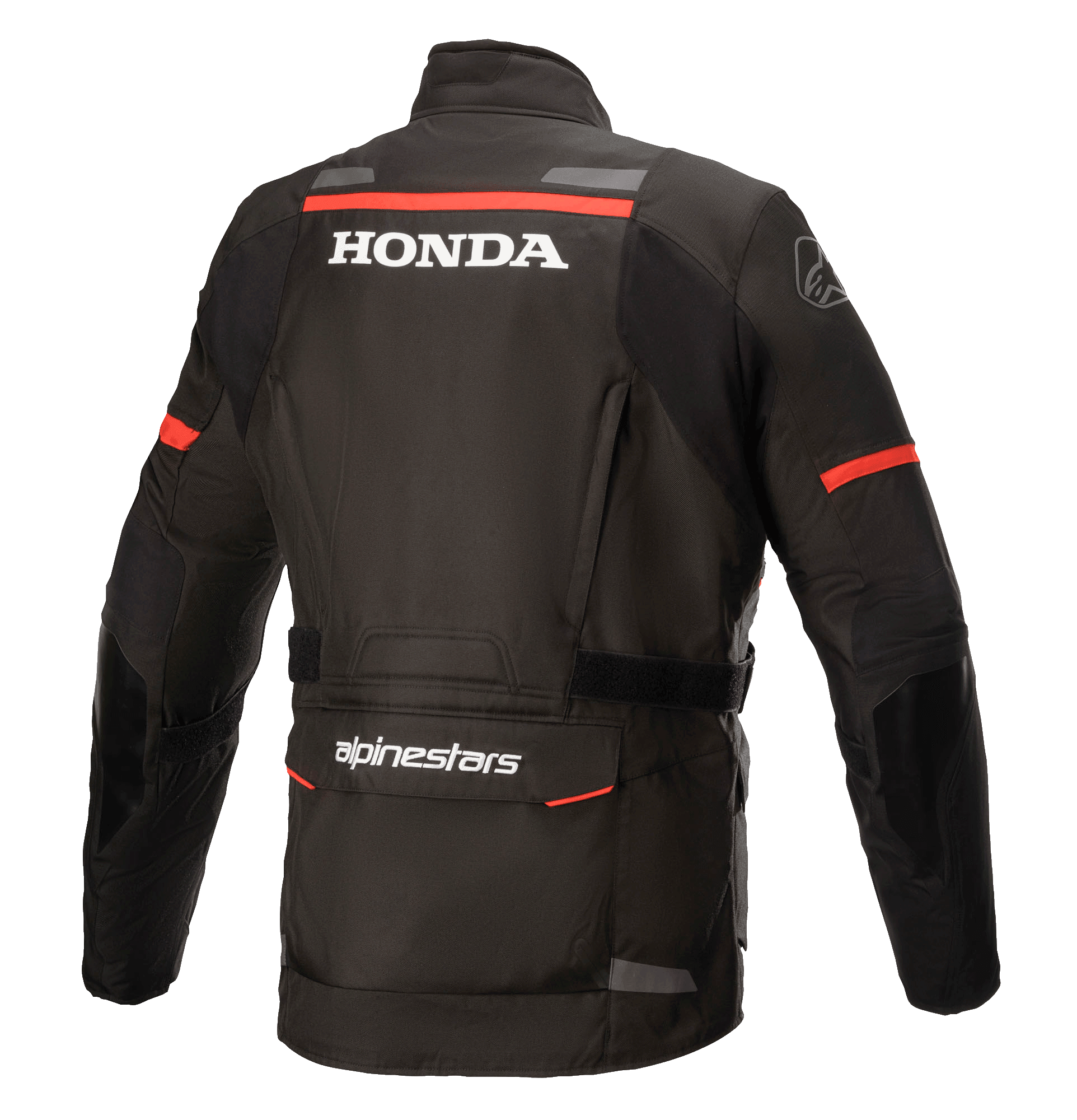 Alpinestars Honda Andes V3 Drystar® jacka, svart, ryggvy med vit Honda- och Alpinestars-logotyp, röda accentränder på axlar och ärmar, adventure touring-motorcykeljacka med reflekterande detaljer och en stor bakre förvaringsficka.