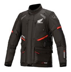 Honda Andes V3 Drystar Jacket, Motorcycle Touring Jacket, Black with Red Accents, front view featuring large cargo pockets and adjustable straps, technical textile construction with Honda wing and Alpinestars logos, adventure-inspired design