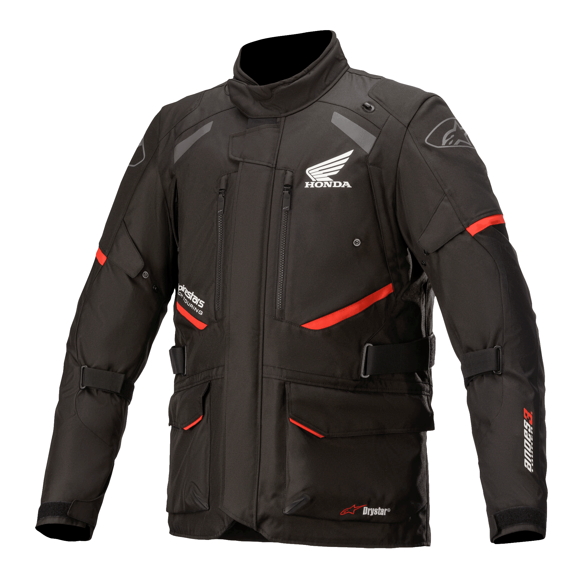 Honda Andes V3 Drystar-jacka, motorcykeljacka för touring, svart med röda accenter, vy framifrån med stora cargofickor och justerbara remmar, teknisk textilkonstruktion med Honda-vinge och Alpinestars-logotyper, äventyrsinspirerad design