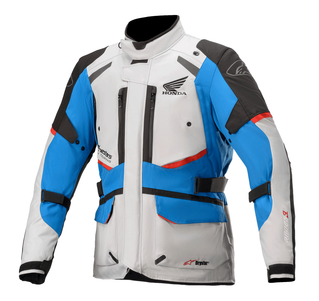 Alpinestars Honda Andes V3 Drystar® Jacket, Motorcycle Touring Jacket, Ice Gray Blue and Bright Red, waterproof design with high collar, multiple zippered vents, cargo pockets, and adjustable straps, featuring Honda branding