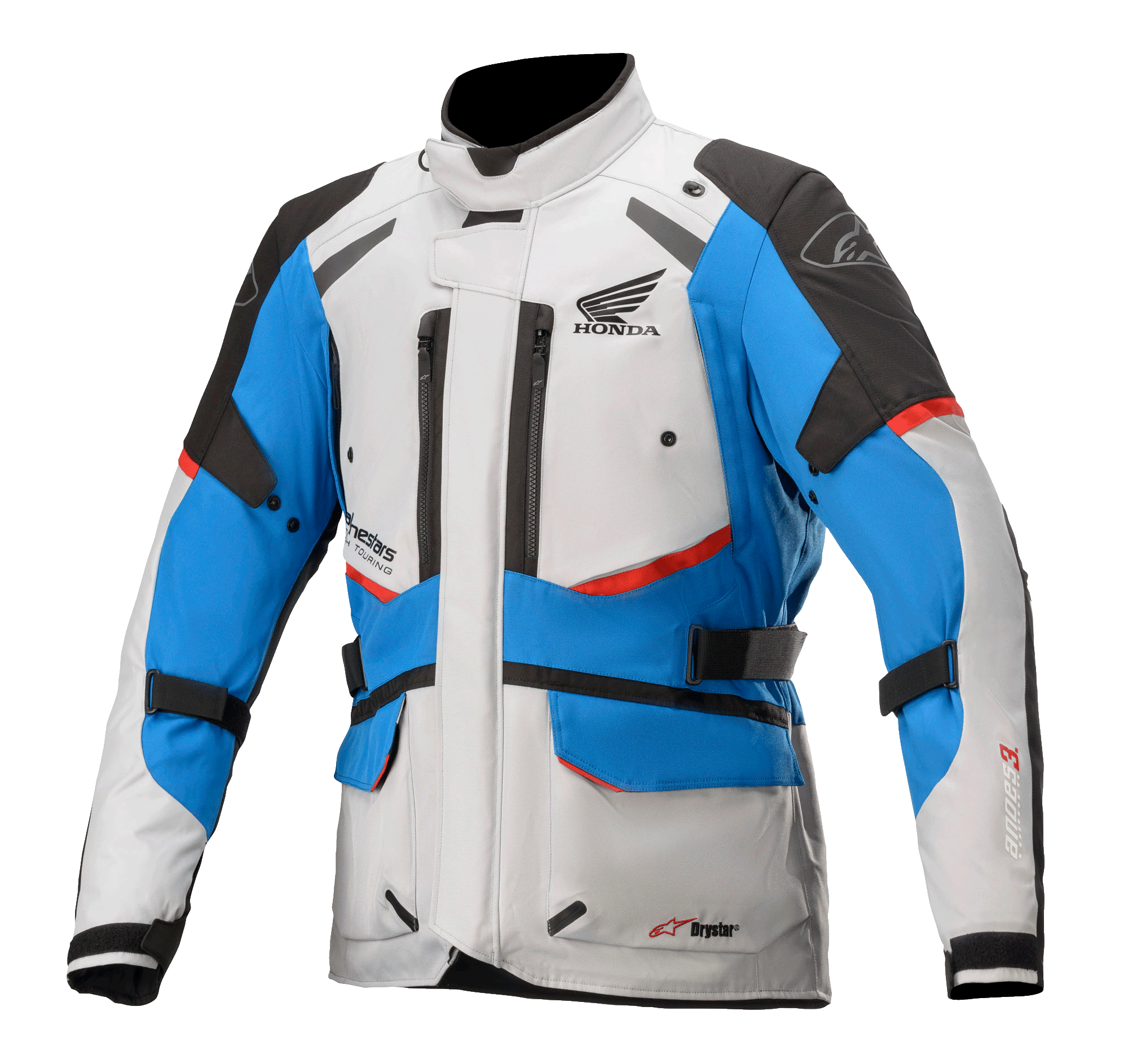 Alpinestars Honda Andes V3 Drystar® jacka, motorcykeljacka för touring, isgrå, blå och klarröd, vattentät design med hög krage, flera ventilationsöppningar med dragkedja, cargofickor och justerbara remmar, med Honda-logotyp
