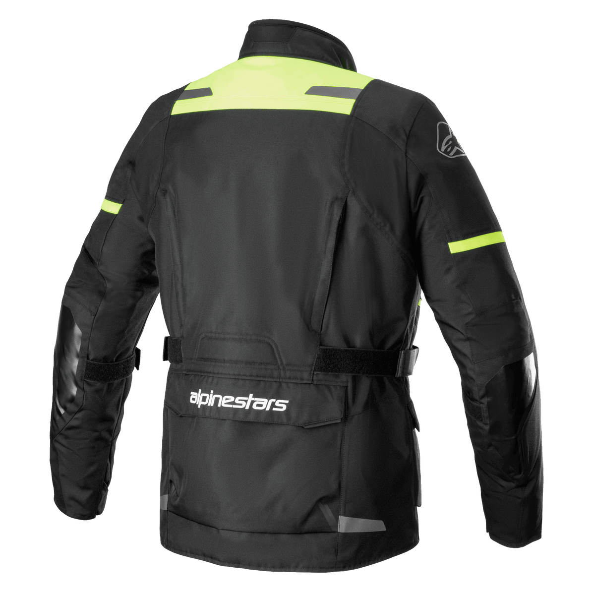 Alpinestars Andes V3 Drystar®-jacka, vy bakifrån av äventyrsmotorcykeljacka i svart och gul fluo, med en stor verktygsficka i nedre delen av ryggen med Alpinestars-logotyp, axelpaneler med hög synlighet och justerbara midjeremmar.