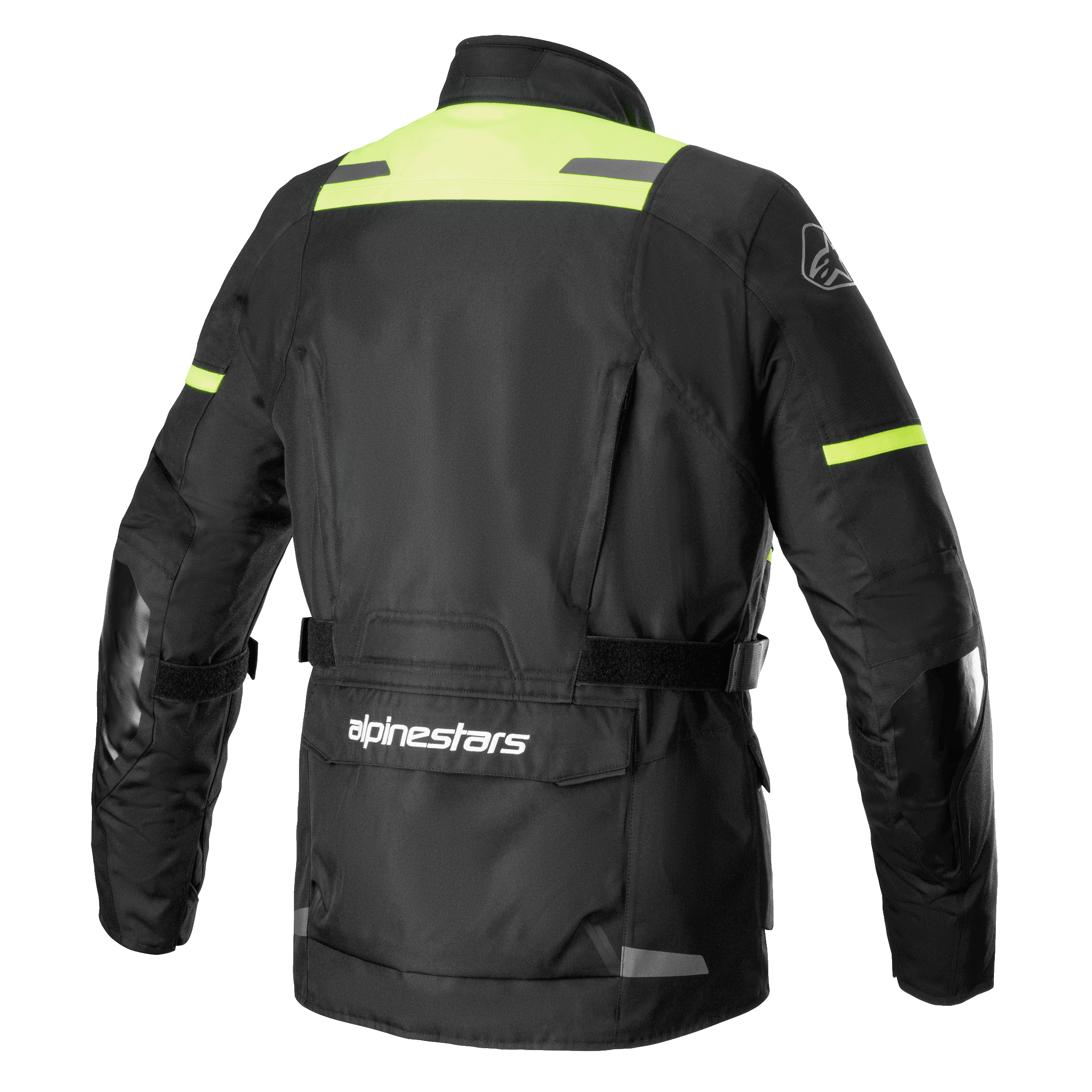 Alpinestars Andes V3 Drystar®-jacka, vy bakifrån av äventyrsmotorcykeljacka i svart och gul fluo, med en stor verktygsficka i nedre delen av ryggen med Alpinestars-logotyp, axelpaneler med hög synlighet och justerbara midjeremmar.