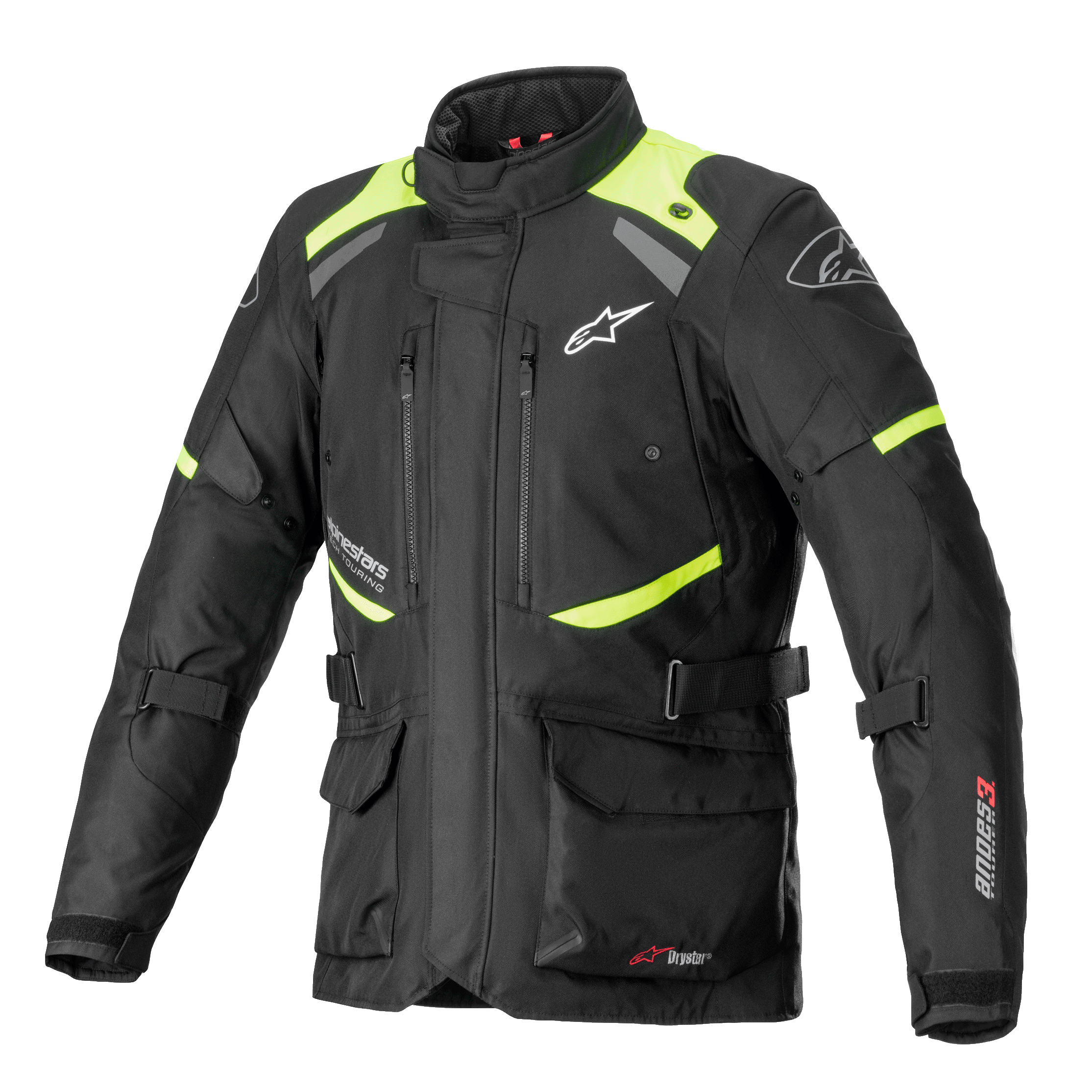 Alpinestars Andes V3 Drystar-jacka, motorcykeljacka för touring, svart med neongula detaljer, ventilationsöppningar med dragkedja på bröstet, stora cargofickor fram, justerbara midjeremmar, Alpinestars-branding, teknisk vattentät äventyrsutrustning