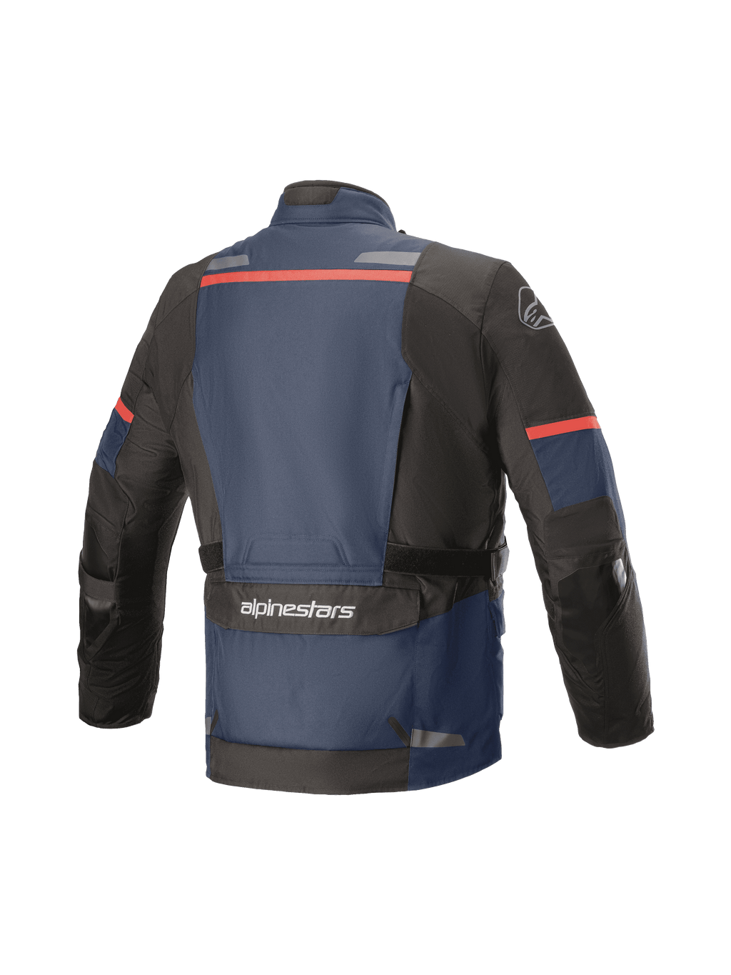 Alpinestars Andes V3 Drystar®-jacka, äventyrs- och touringjacka för motorcykel, vy bakifrån, mörkblå och svart med röda detaljer, med en stor verktygsficka på nedre delen av ryggen med Alpinestars-märkning, reflekterande ränder på övre delen av ryggen och förstärkta armbågspartier.