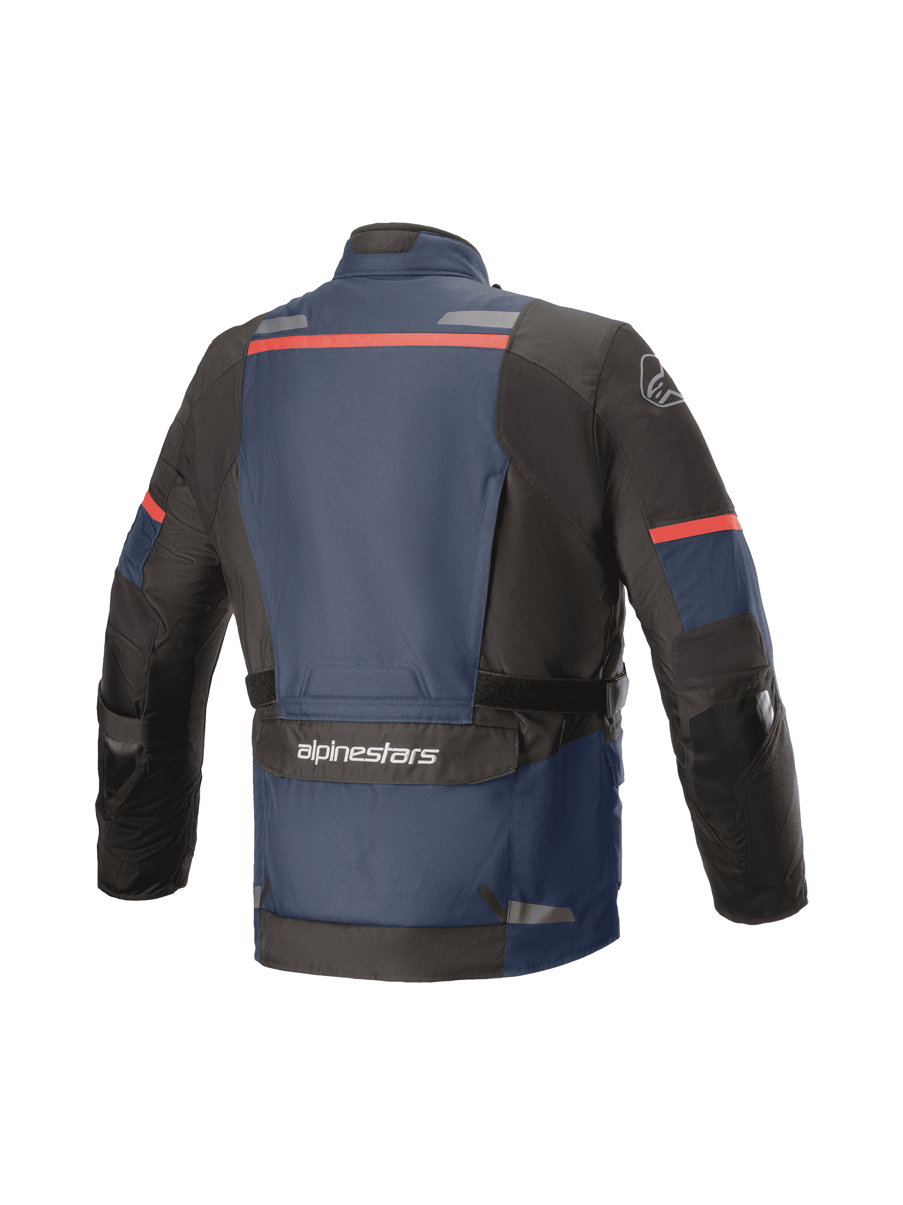 Alpinestars Andes V3 Drystar®-jacka, äventyrs- och touringjacka för motorcykel, vy bakifrån, mörkblå och svart med röda detaljer, med en stor verktygsficka på nedre delen av ryggen med Alpinestars-märkning, reflekterande ränder på övre delen av ryggen och förstärkta armbågspartier.
