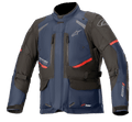 Alpinestars Andes V3 Drystar jacka, touringjacka för motorcykel, mörkblå och svart med röda detaljer, vy framifrån med bröstventiler med dragkedja, justerbara midjeremmar och hög krage, vattentät textilkonstruktion för äventyrskörning