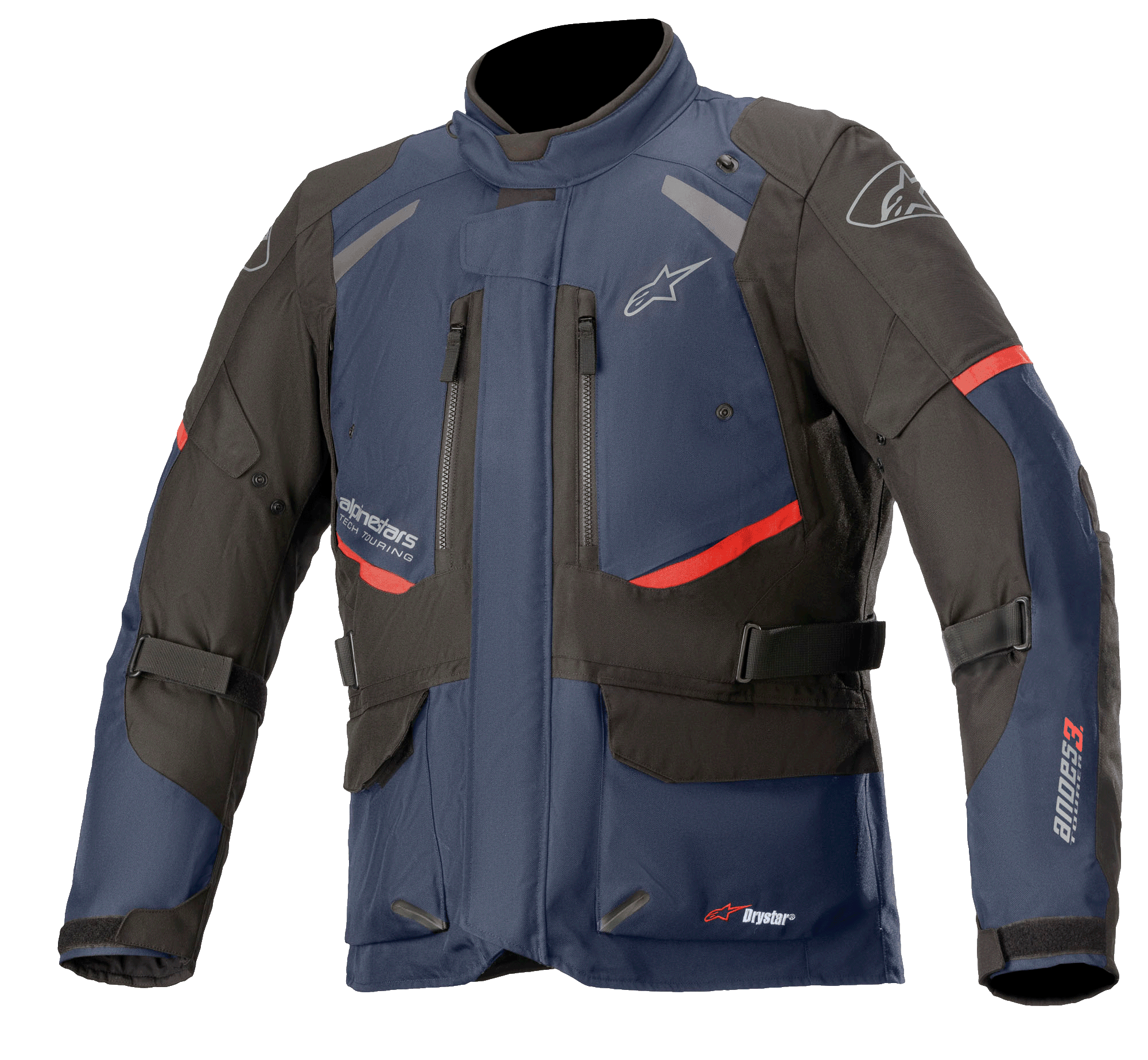 Alpinestars Andes V3 Drystar jacka, touringjacka för motorcykel, mörkblå och svart med röda detaljer, vy framifrån med bröstventiler med dragkedja, justerbara midjeremmar och hög krage, vattentät textilkonstruktion för äventyrskörning