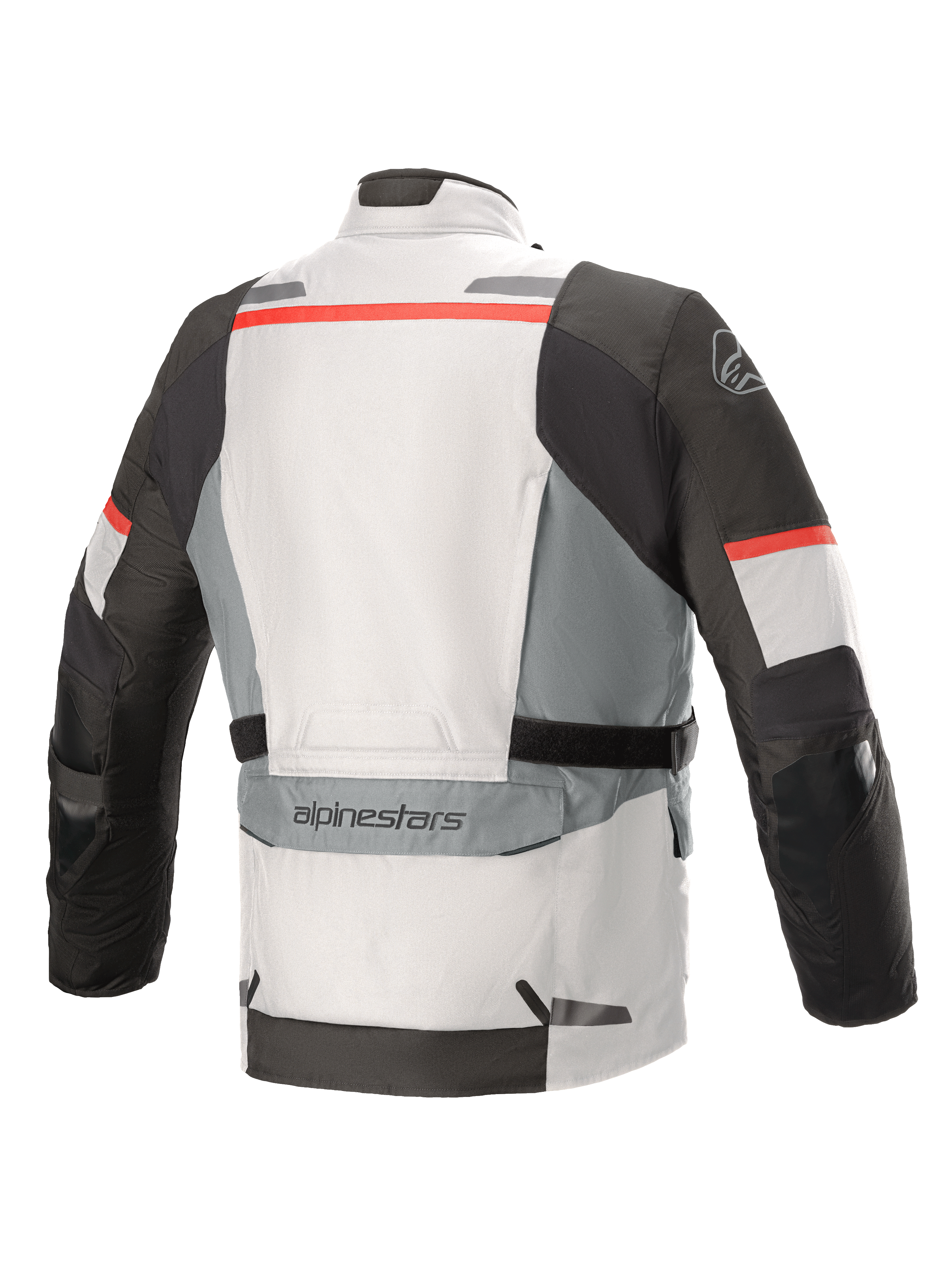 Alpinestars Andes V3 Drystar®-jacka, Ice Gray och Dark Gray med röda detaljer, vy bakifrån med en stor förvaringsficka på nedre ryggen, justerbara midjeremmar och reflekterande detaljer på axlar och nederkant.