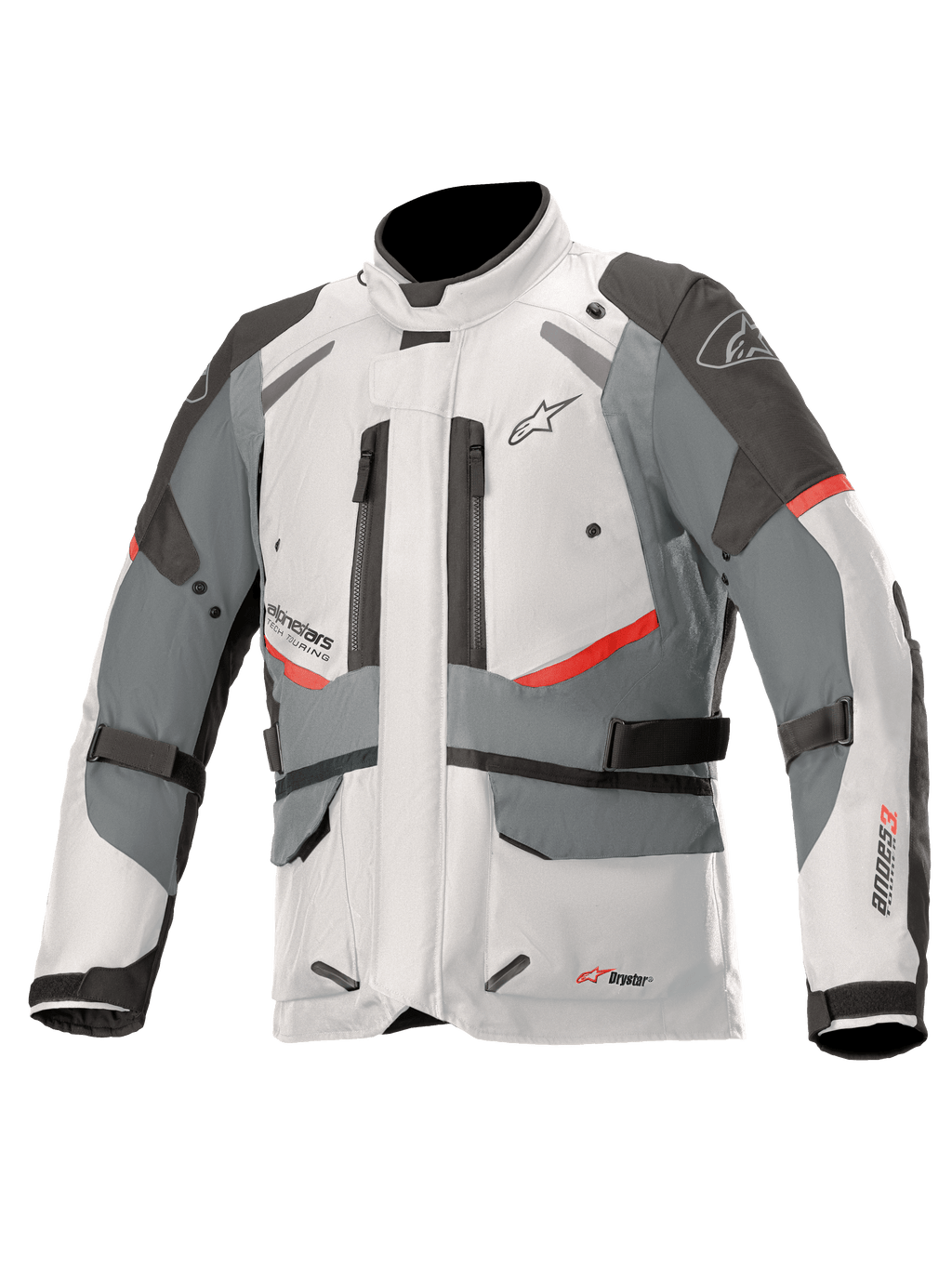 Alpinestars Andes V3 Drystar-jacka, adventure touring-motorcykeljacka, isgrå och mörkgrå med röda accenter, vattentät textilkonstruktion med justeringsremmar och ventilationsöppningar med dragkedja, design med hög krage för skydd i alla väder