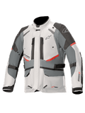 Alpinestars Andes V3 Drystar-jacka, adventure touring-motorcykeljacka, isgrå och mörkgrå med röda accenter, vattentät textilkonstruktion med justeringsremmar och ventilationsöppningar med dragkedja, design med hög krage för skydd i alla väder