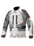 Alpinestars Andes V3 Drystar-jacka, adventure touring-motorcykeljacka, isgrå och mörkgrå med röda accenter, vattentät textilkonstruktion med justeringsremmar och ventilationsöppningar med dragkedja, design med hög krage för skydd i alla väder