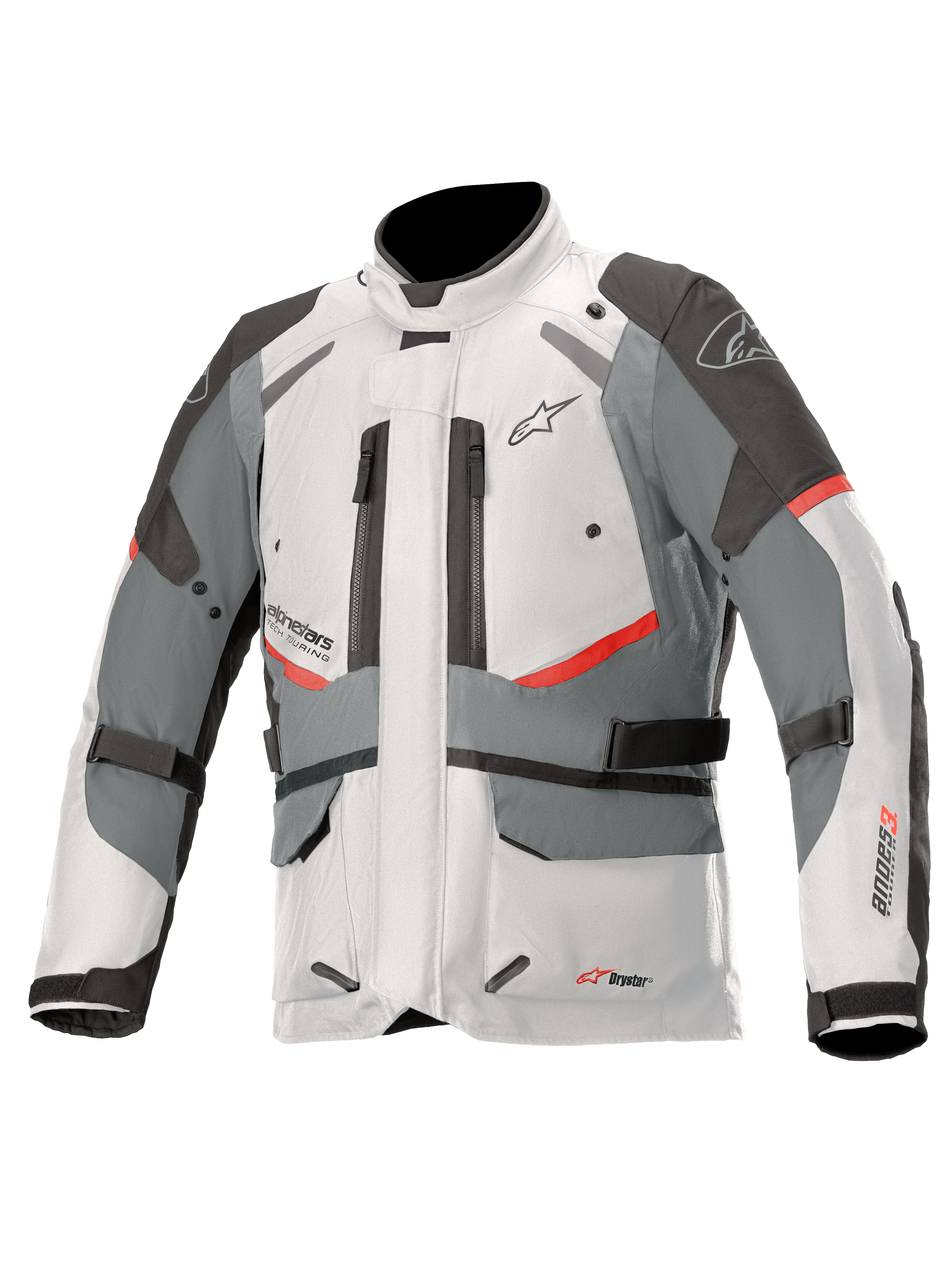 Alpinestars Andes V3 Drystar-jacka, adventure touring-motorcykeljacka, isgrå och mörkgrå med röda accenter, vattentät textilkonstruktion med justeringsremmar och ventilationsöppningar med dragkedja, design med hög krage för skydd i alla väder