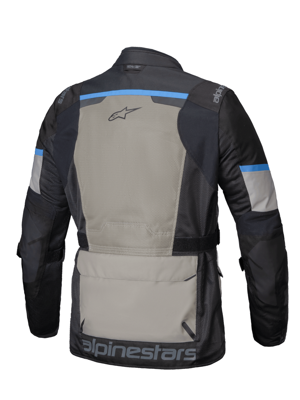 Alpinestars Andes Air Drystar jacka, herrmotorcykeljacka för äventyrstouring, baksida som visar omfattande 2D-nätdetaljer för ventilation och stor förvaringsficka, svart, laurbärgrå och klarglarblå, CE-certifierad