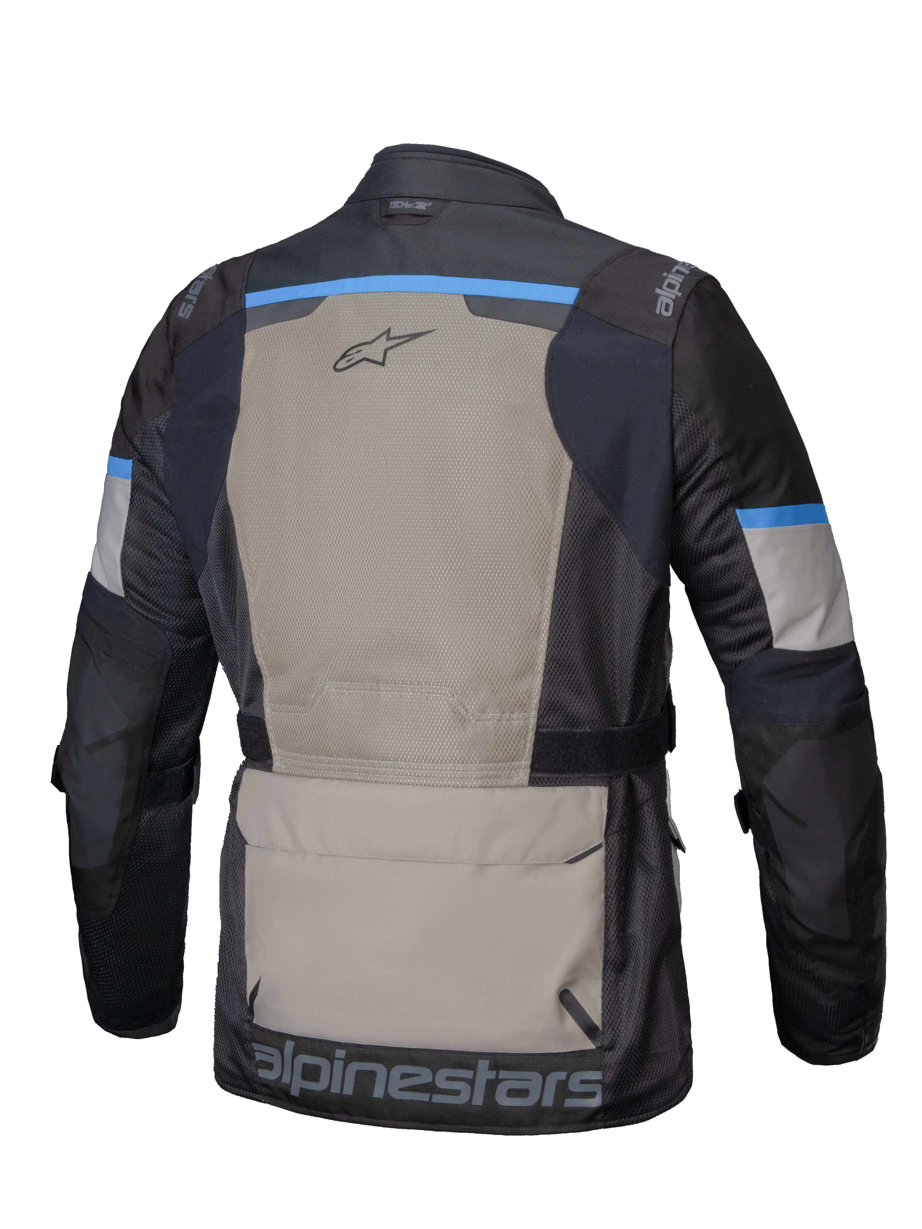 Alpinestars Andes Air Drystar jacka, herrmotorcykeljacka för äventyrstouring, baksida som visar omfattande 2D-nätdetaljer för ventilation och stor förvaringsficka, svart, laurbärgrå och klarglarblå, CE-certifierad