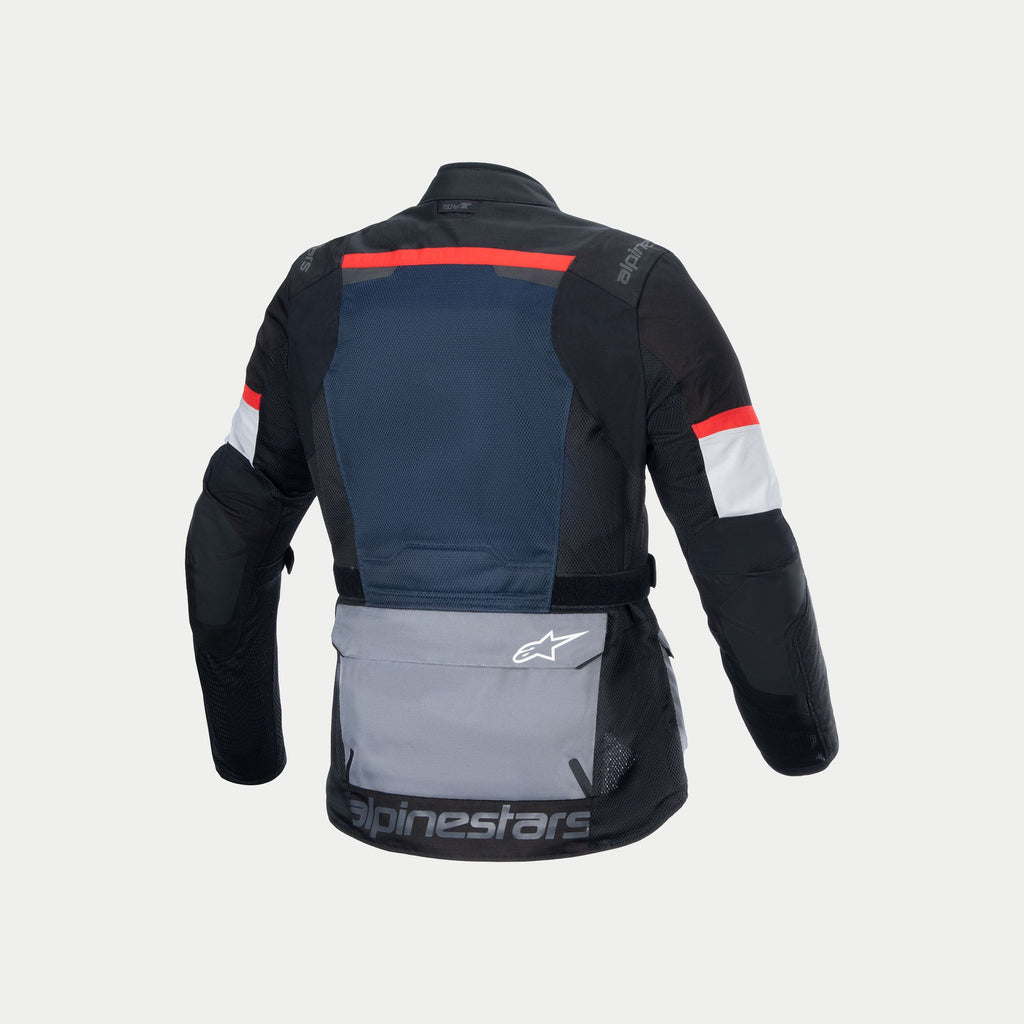 Alpinestars Andes Air Drystar jacka, äventyrstouring MC-jacka för herrar, mörkblå, svart och isgrå, med omfattande 2D-nätventilation och CE-certifiering, bakifrån med ryggskyddsficka och detalj på nedre fickan