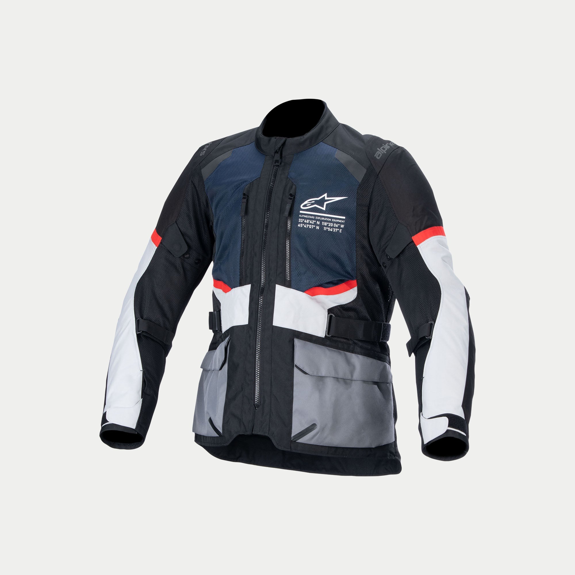 Alpinestars Andes Air Drystar jacka, äventyrlig touring motorcykeljacka för herrar, mörkblå, svart och isgrå, CE-certifierad med ventilationsnät