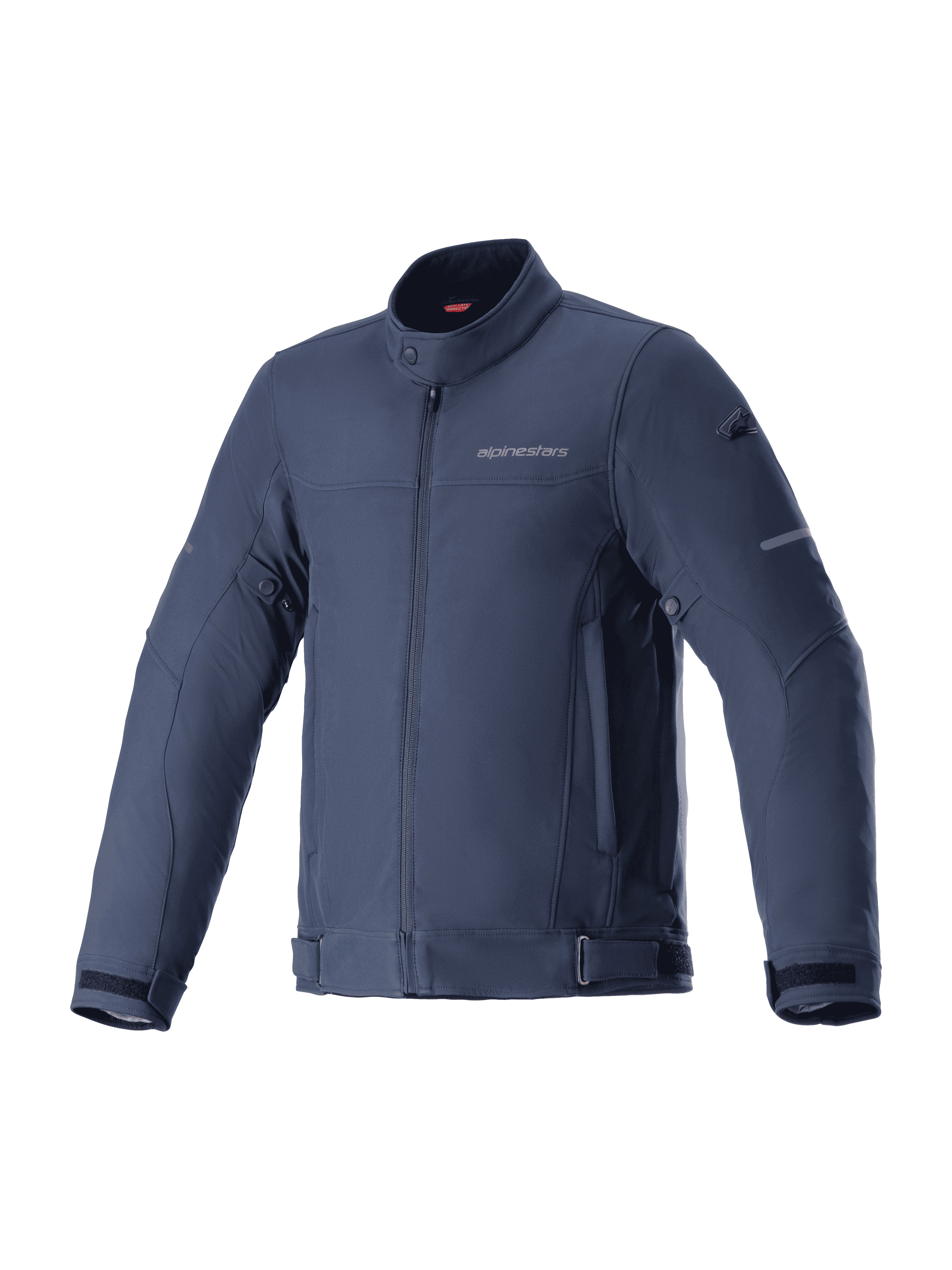 Alpinestars Husker Waterproof Jacket, motorcykeljacka, Night Navy, mörkblå stretch-softshell med hög krage och dragkedja fram, justerbara remmar i midja och ärmar, diskret logotyp på bröstet, utrustning för stadspendling och landsvägskörning