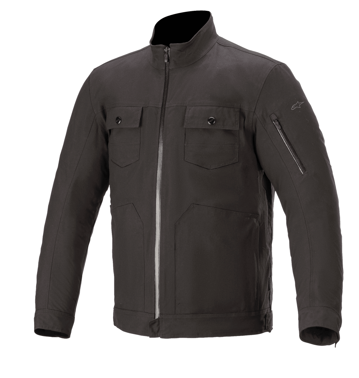 Alpinestars Solano Waterproof Jacket, Urban Motorcycle Jacket, Black, high straight collar with central waterproof zipper, two buttoned chest pockets, zippered pocket on the sleeve, casual textile construction with a smooth finish
