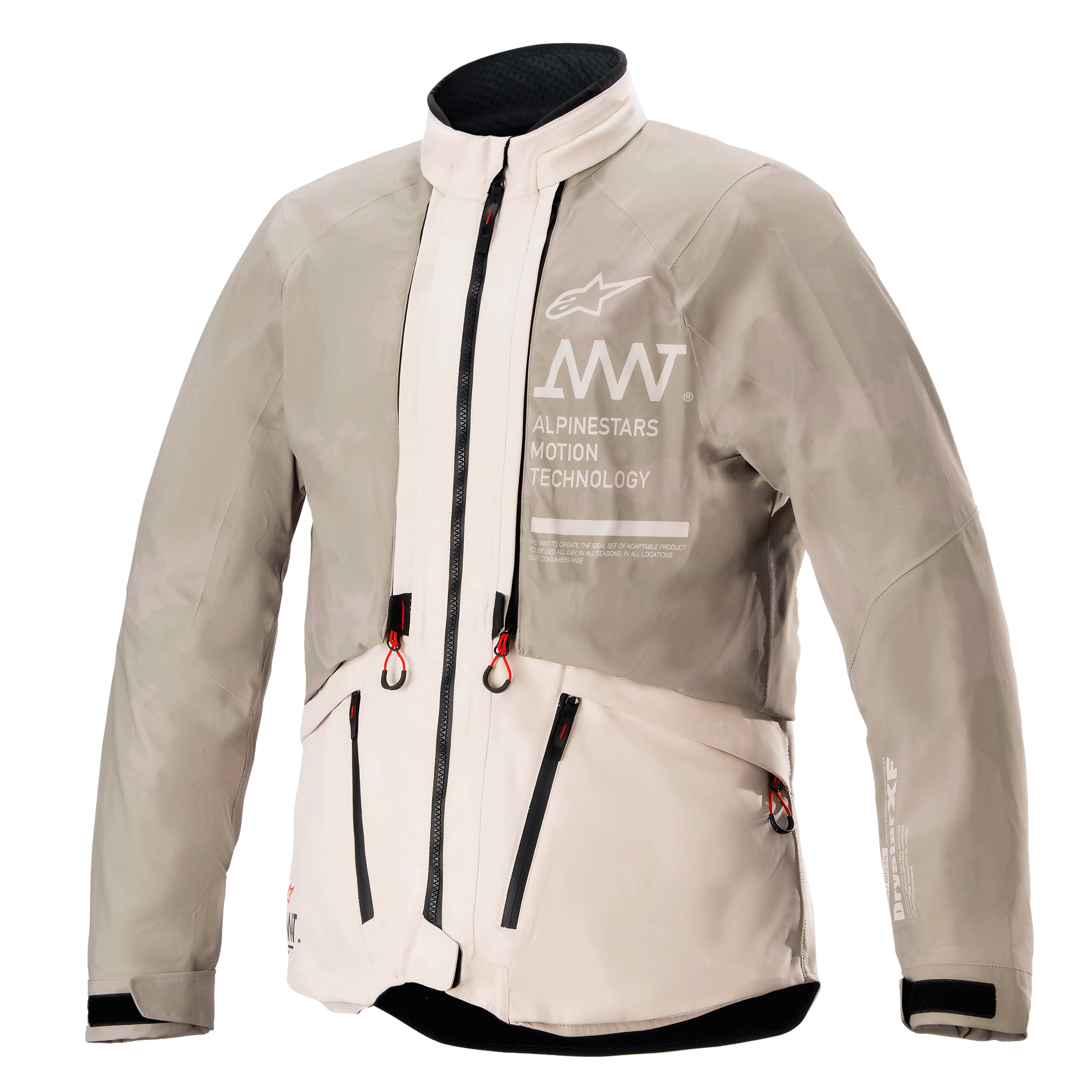 Alpinestars AMT-10LAB Drystar® XF-jacka, regnkonfiguration, White Sand Aluminum Camo, vattentät textiljacka för äventyrskörning med AMT-märkning på bröstet och rödmarkerade dragtappar