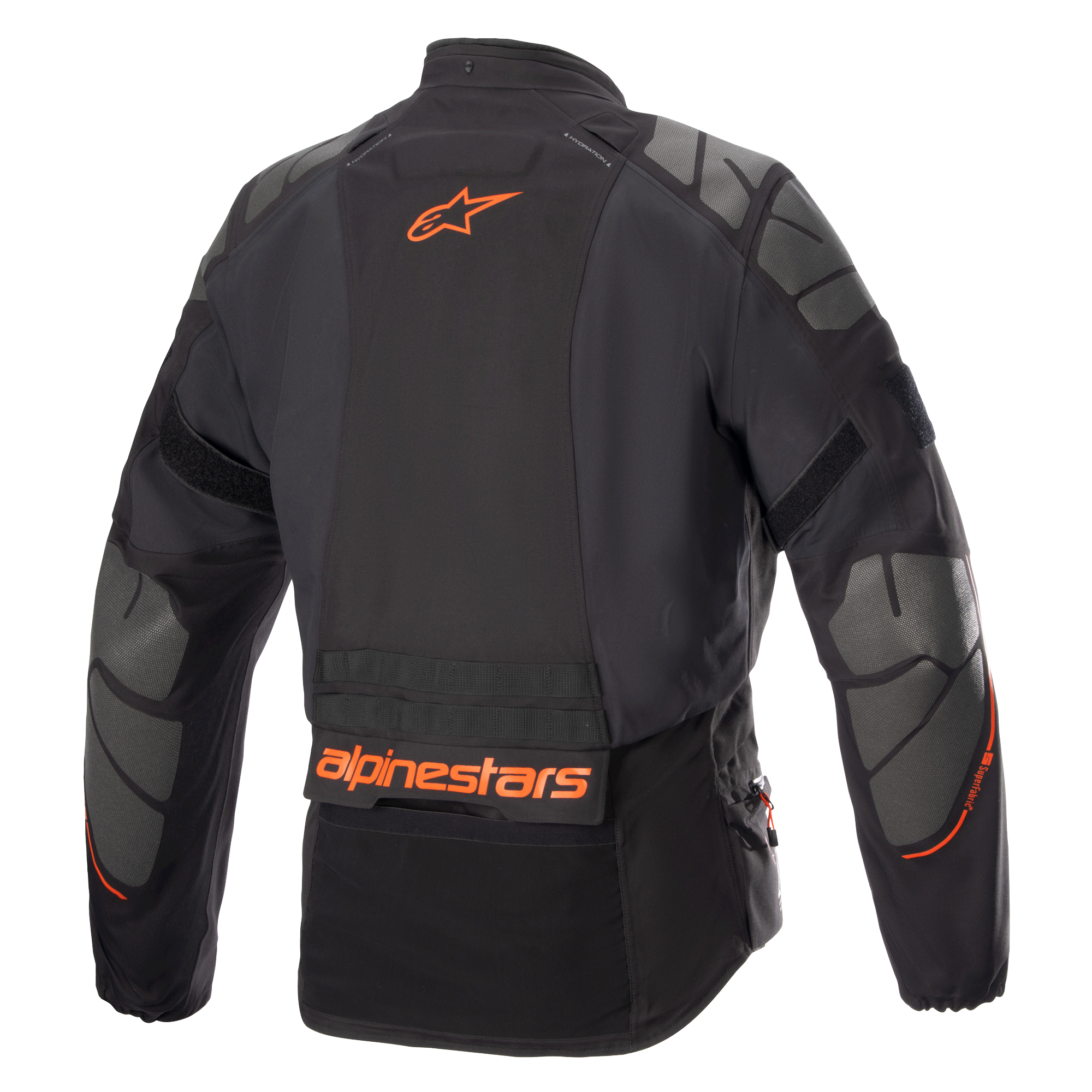 Alpinestars AMT-10R Drystar® XF-jacka, äventyrsjacka för motorcykel, svart med orange Alpinestars-logotyp och grå Superfabric-paneler på axlar och armbågar, bakifrånvy, teknisk åkutrustning för flera säsonger
