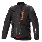 Alpinestars AMT-10R Drystar XF-jacka, svart och orange, motorcykeljacka för äventyrstouring, grå axelpartier, flera dragkedjor med orange dragtappar, justerbara remmar, rött innerfoder, teknisk skyddsutrustning