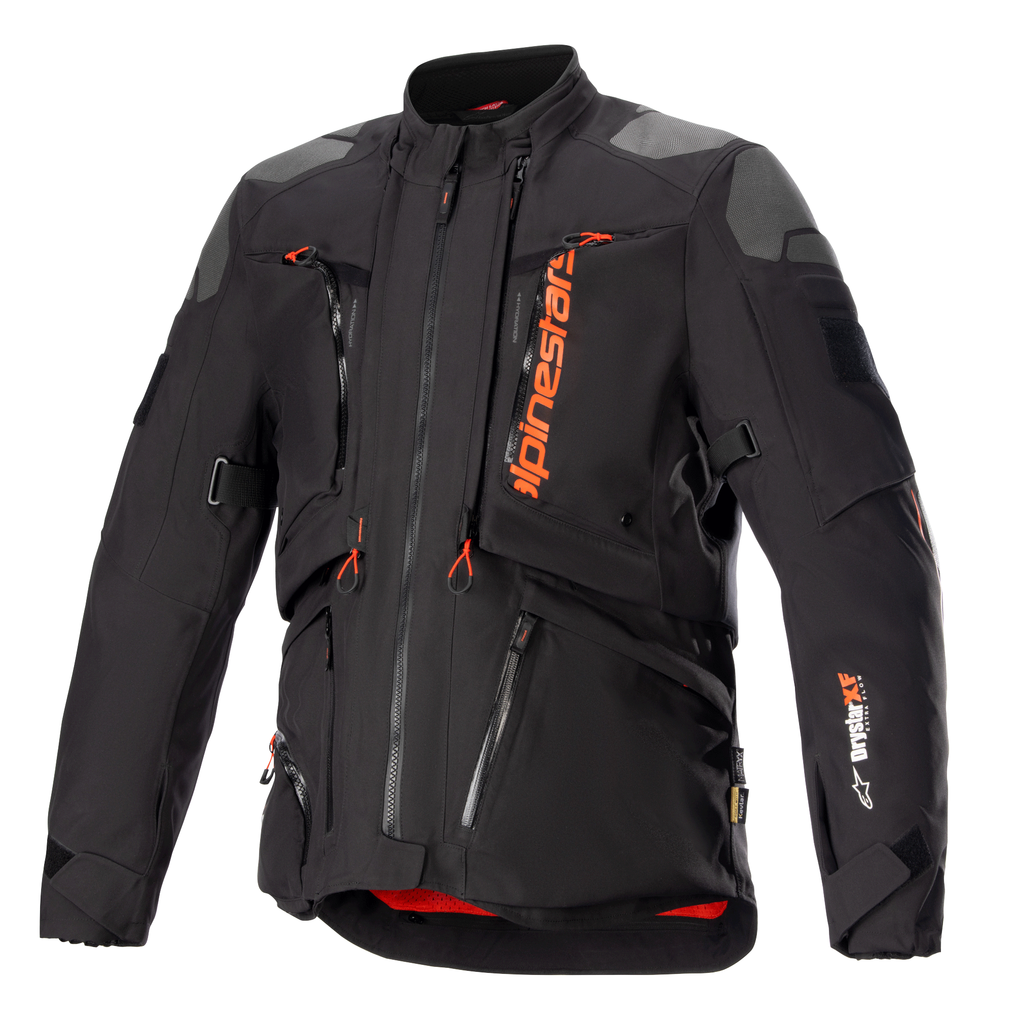 Alpinestars AMT-10R Drystar XF-jacka, svart och orange, motorcykeljacka för äventyrstouring, grå axelpartier, flera dragkedjor med orange dragtappar, justerbara remmar, rött innerfoder, teknisk skyddsutrustning