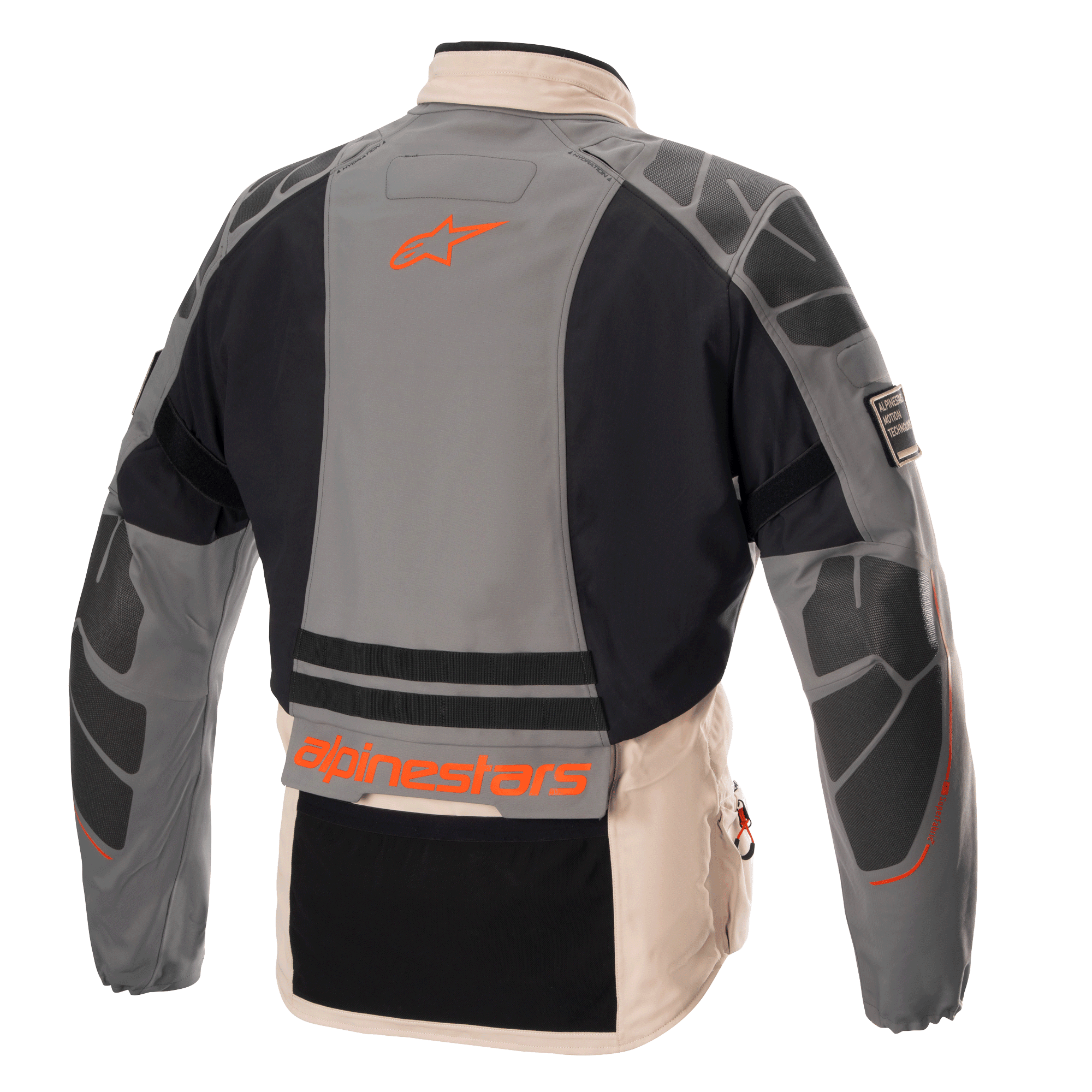 Alpinestars AMT-10R Drystar® XF-jacka, äventyrsmotorcykeljacka, grå, ljusbrun och orange, baksida som visar skyddande axel- och armbågsförstärkningar, orange Alpinestars-logotyp, modulär allvädersdesign i textil
