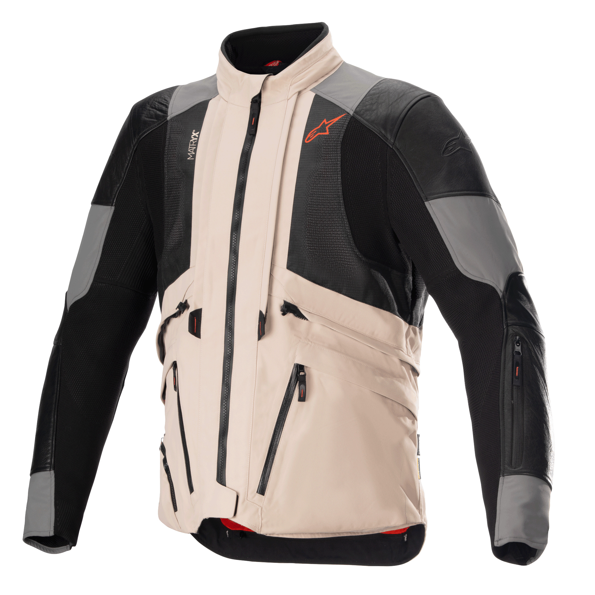 Alpinestars AMT-10R Drystar XF-jacka i värmekonfiguration, adventure-motorcykeljacka, Fur Gray och Pale Brown med svarta meshpaneler, modulär design för maximalt luftflöde, flera praktiska fickor och Spicy Orange Alpinestars-logotyp på bröstet.