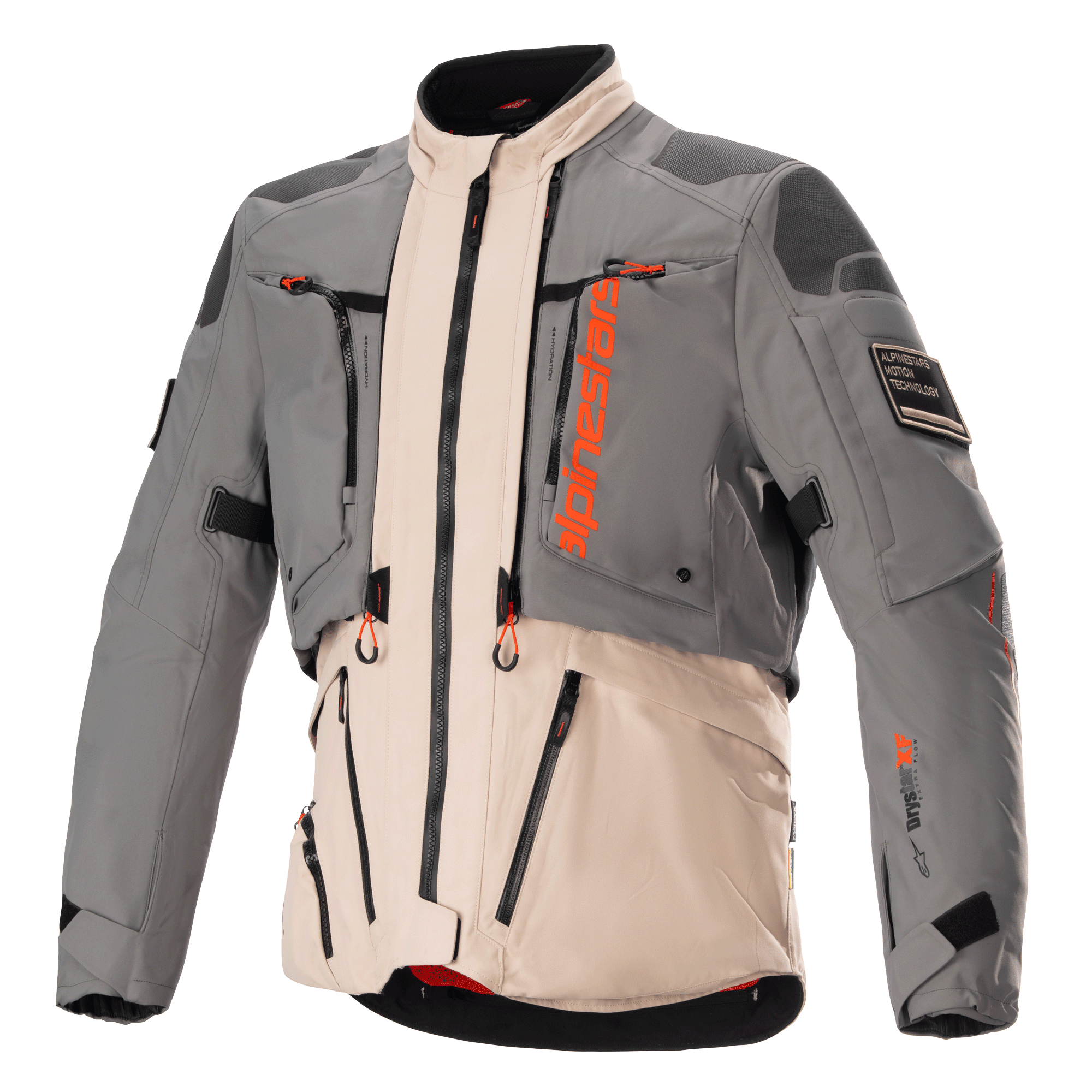 Alpinestars AMT-10R Drystar XF-jacka, adventure touring-motorcykeljacka, grå och ljusbrun med orange detaljer, modulär textilkonstruktion med dragkedjor fram, förstärkta axel- och armbågspartier och hög krage, professionell skyddsutrustning för motorcykelkörning