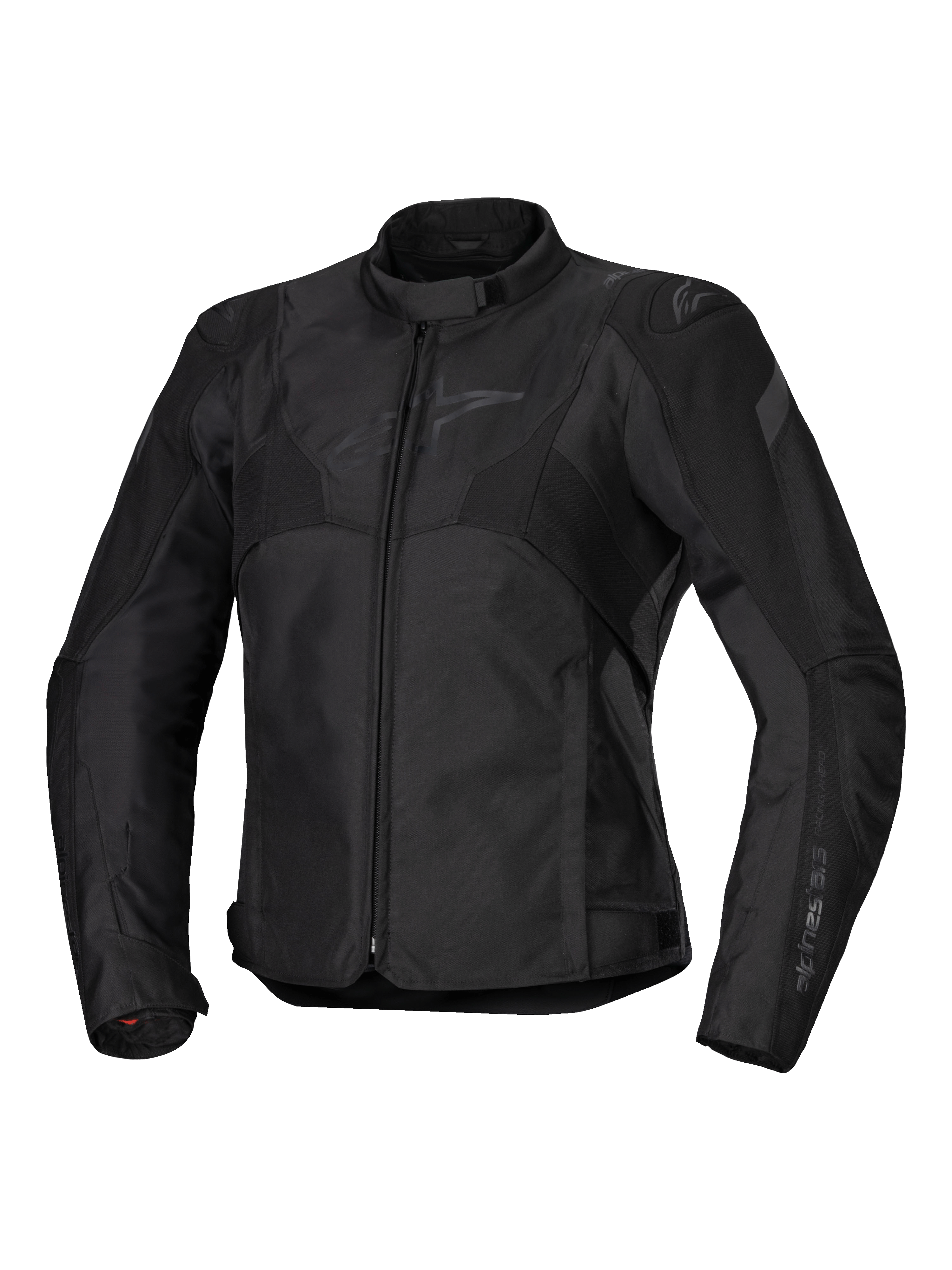Alpinestars Stella T-Jaws V4 Waterproof Jacket, motorcykeljacka för dam, svart på svart, dragkedja fram, ergonomisk krage, diskret Alpinestars-logotyp på bröstet, slitstark textilkonstruktion med racinginspirerad sportpassform