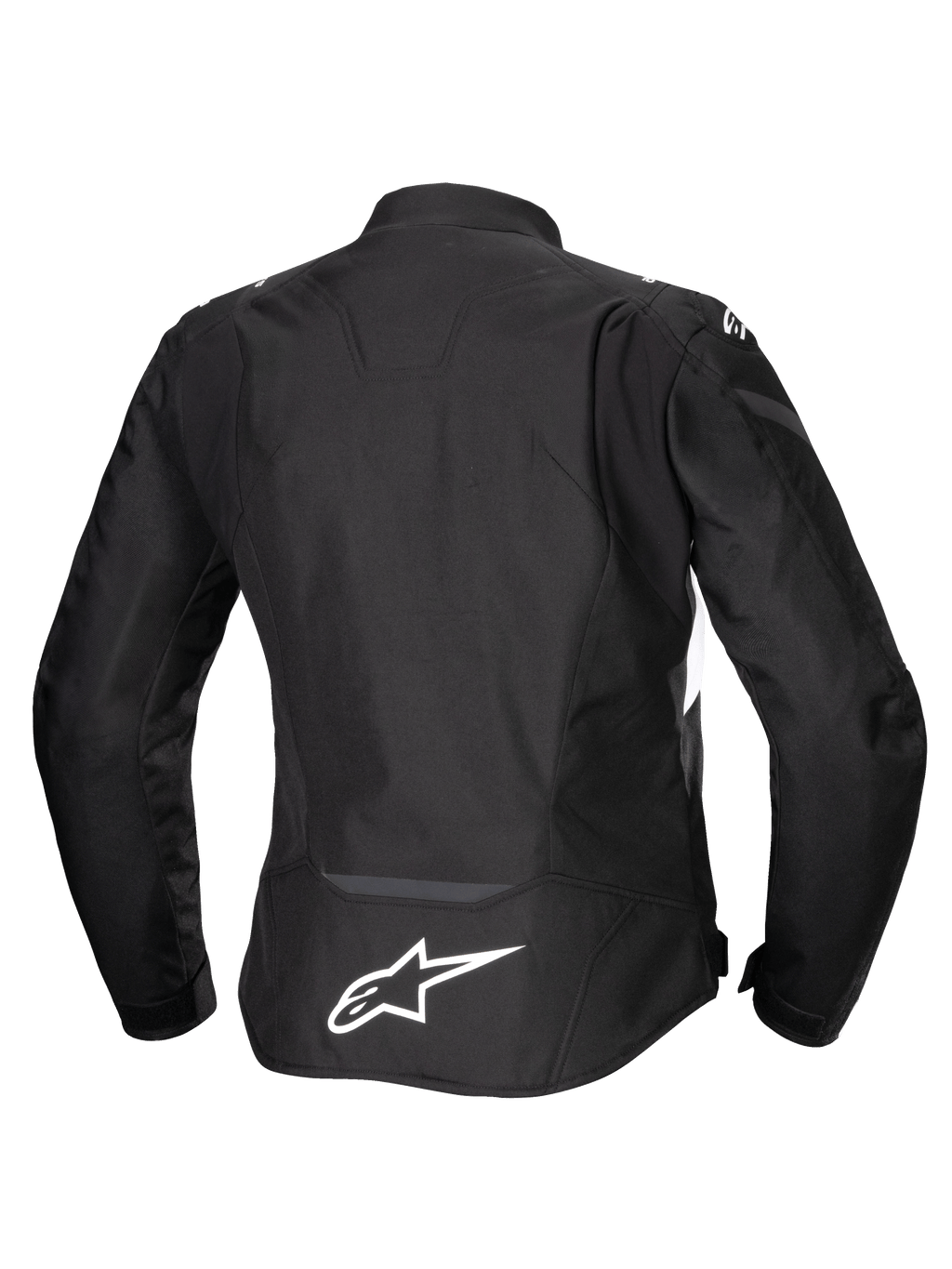 Alpinestars Stella T-Jaws V4 Waterproof Jacket, motorcykeljacka för dam, svart med vita detaljer, vy bakifrån med vit Alpinestars-logotyp på nedre delen av ryggen, stilren sportpassform i textildesign