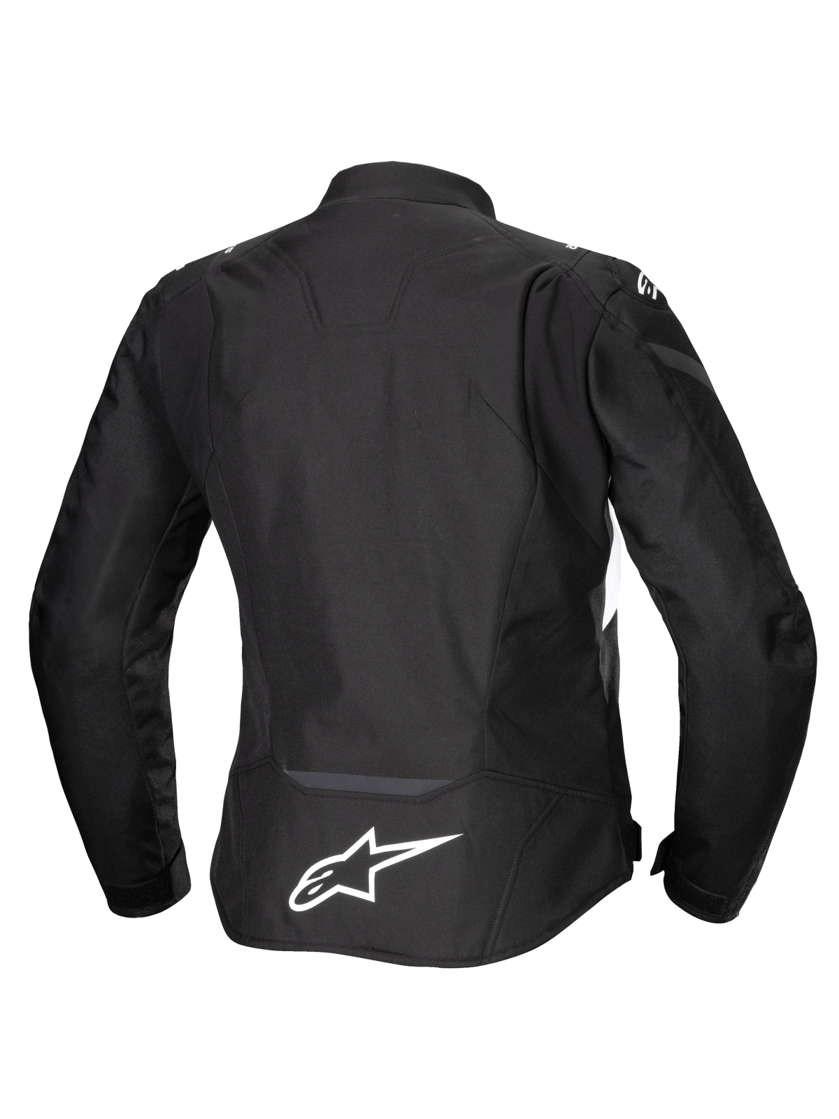 Alpinestars Stella T-Jaws V4 Waterproof Jacket, motorcykeljacka för dam, svart med vita detaljer, vy bakifrån med vit Alpinestars-logotyp på nedre delen av ryggen, stilren sportpassform i textildesign