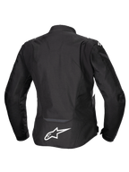 Alpinestars Stella T-Jaws V4 Waterproof Jacket, motorcykeljacka för dam, svart med vita detaljer, vy bakifrån med vit Alpinestars-logotyp på nedre delen av ryggen, stilren sportpassform i textildesign