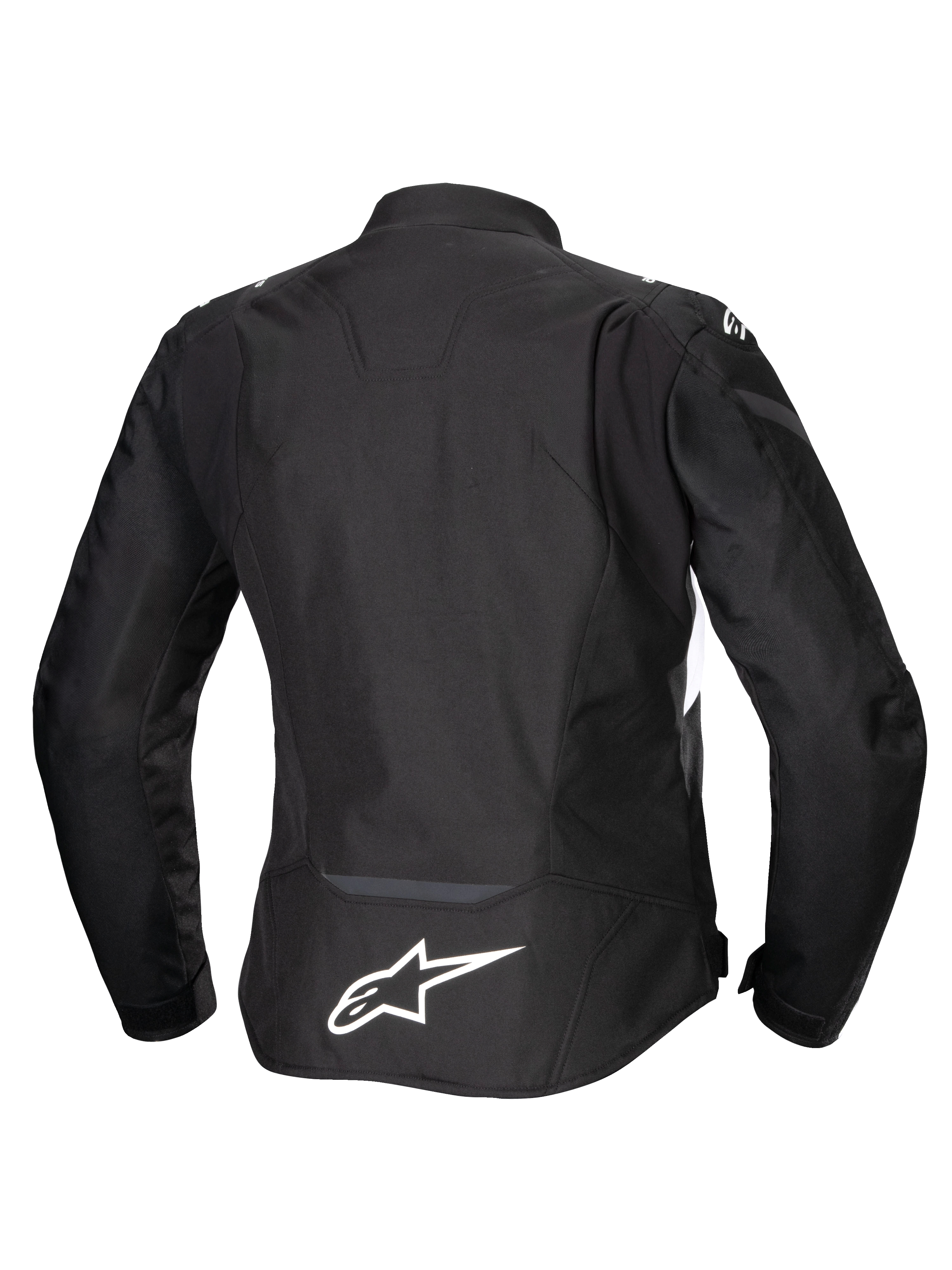 Alpinestars Stella T-Jaws V4 Waterproof Jacket, motorcykeljacka för dam, svart med vita detaljer, vy bakifrån med vit Alpinestars-logotyp på nedre delen av ryggen, stilren sportpassform i textildesign