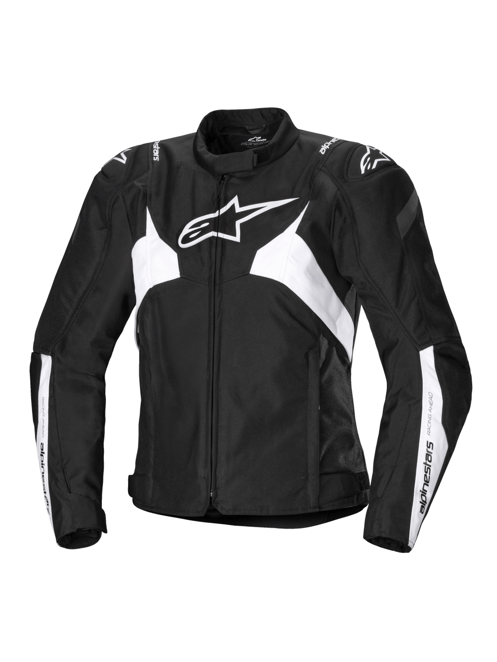 Alpinestars Stella T-Jaws V4 vattentät jacka, sportig motorcykeljacka för dam, svart och vit, med en framträdande vit stjärnlogotyp på bröstet, vinklade vita paneler på bålen och ärmarna, samt GP Lite-axelförstärkningar i en figursydd sportig 3D-silhuett.
