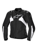 Alpinestars Stella T-Jaws V4 vattentät jacka, sportig motorcykeljacka för dam, svart och vit, med en framträdande vit stjärnlogotyp på bröstet, vinklade vita paneler på bålen och ärmarna, samt GP Lite-axelförstärkningar i en figursydd sportig 3D-silhuett.