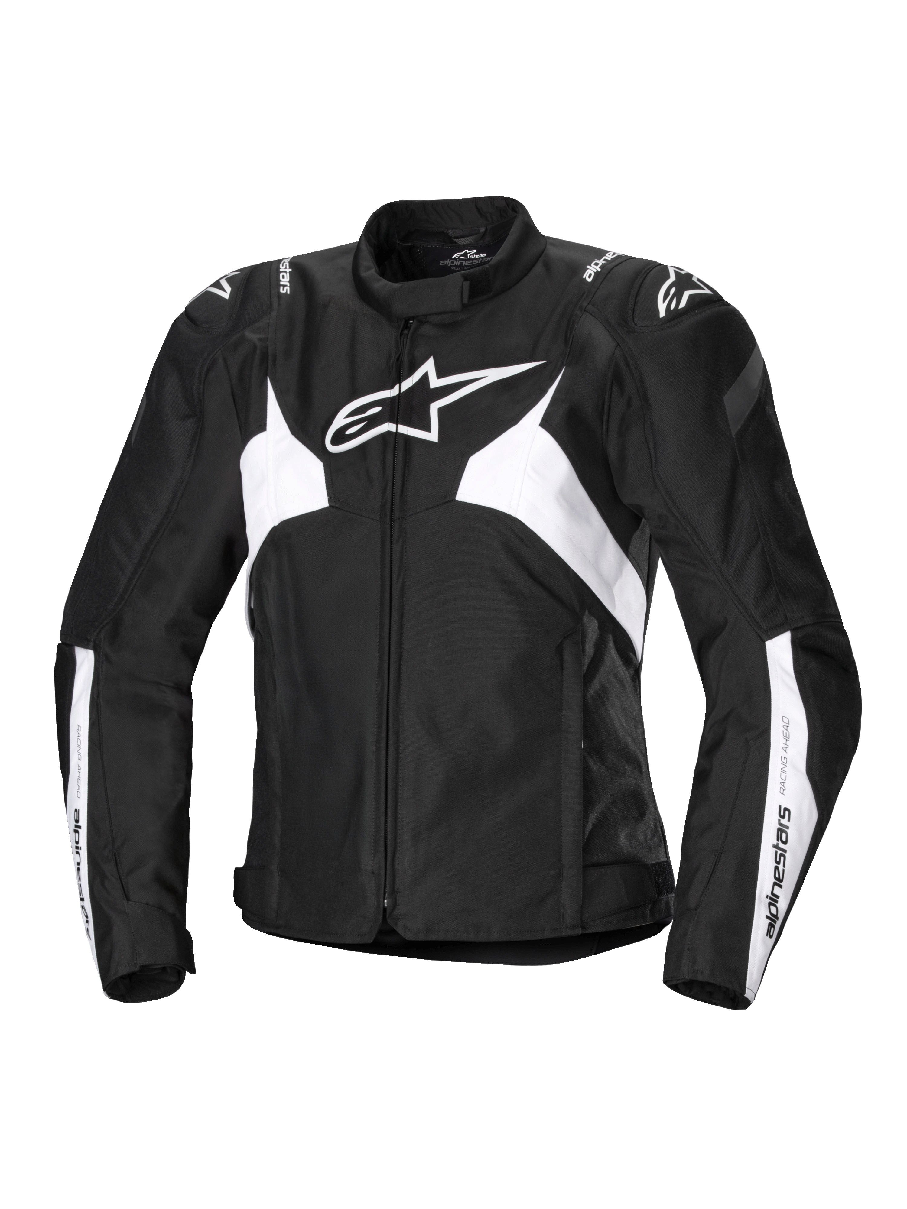 Alpinestars Stella T-Jaws V4 vattentät jacka, sportig motorcykeljacka för dam, svart och vit, med en framträdande vit stjärnlogotyp på bröstet, vinklade vita paneler på bålen och ärmarna, samt GP Lite-axelförstärkningar i en figursydd sportig 3D-silhuett.