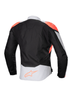 Alpinestars Stella T-Jaws V4 Waterproof jacka, motorcykeljacka för dam, Black Ice Gray och Fluo Coral, baksida med fluorescerande korallfärgade axeldetaljer och Alpinestars-logotyp på nedre delen av ryggen, teknisk textilkonstruktion för körning i alla väder