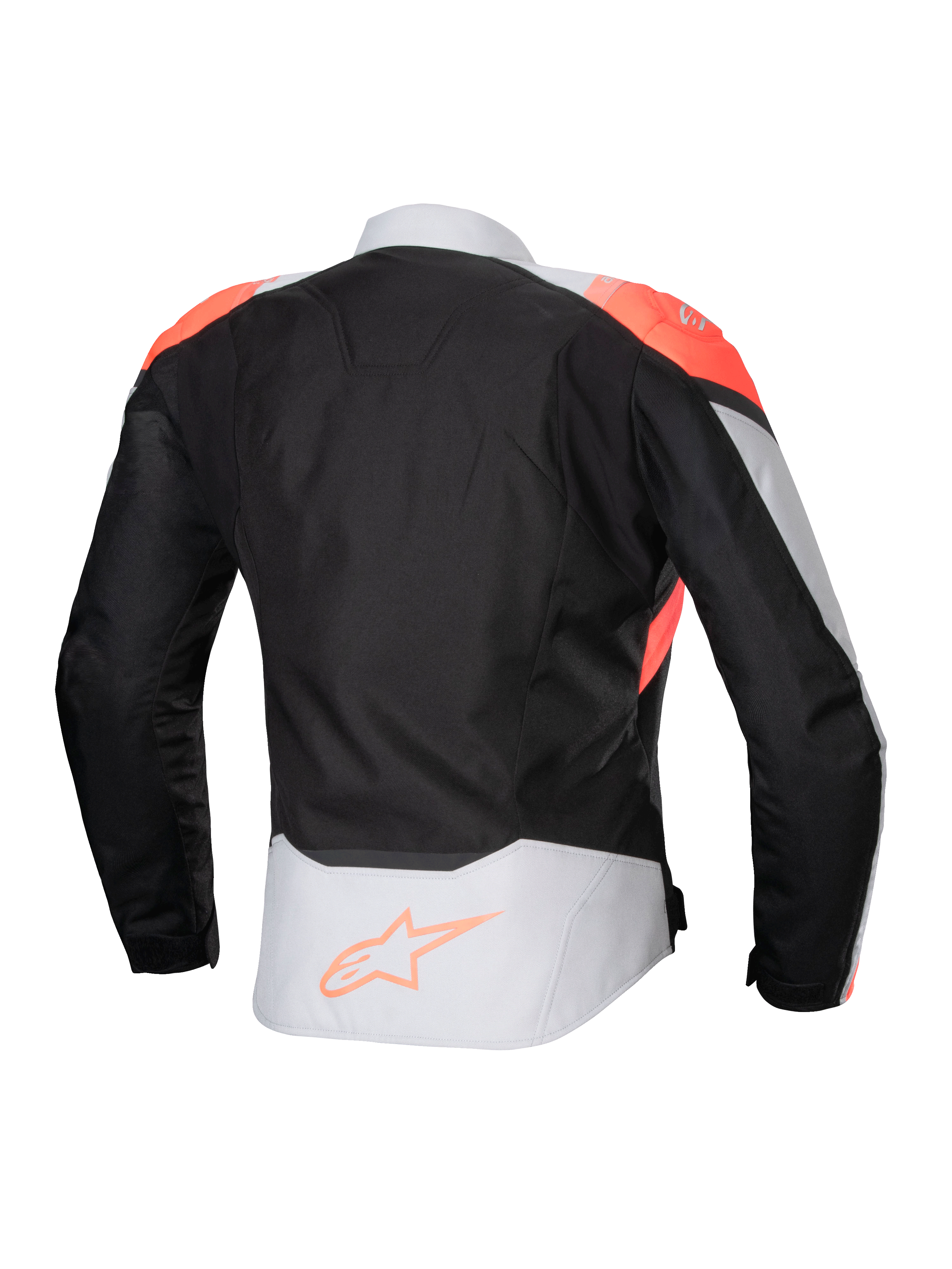 Alpinestars Stella T-Jaws V4 Waterproof jacka, motorcykeljacka för dam, Black Ice Gray och Fluo Coral, baksida med fluorescerande korallfärgade axeldetaljer och Alpinestars-logotyp på nedre delen av ryggen, teknisk textilkonstruktion för körning i alla väder