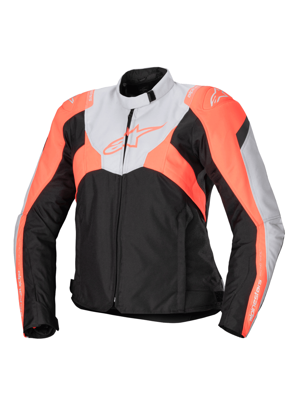 Alpinestars Stella T-Jaws V4 Waterproof Jacket, sportig motorcykeljacka i textil för damer, svart, isgrå och neonkorall, med hög krage, dragkedja fram, vinklade färgblock och logotyper på bröstet och ärmarna