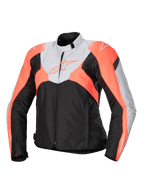 Alpinestars Stella T-Jaws V4 Waterproof Jacket, sportig motorcykeljacka i textil för damer, svart, isgrå och neonkorall, med hög krage, dragkedja fram, vinklade färgblock och logotyper på bröstet och ärmarna