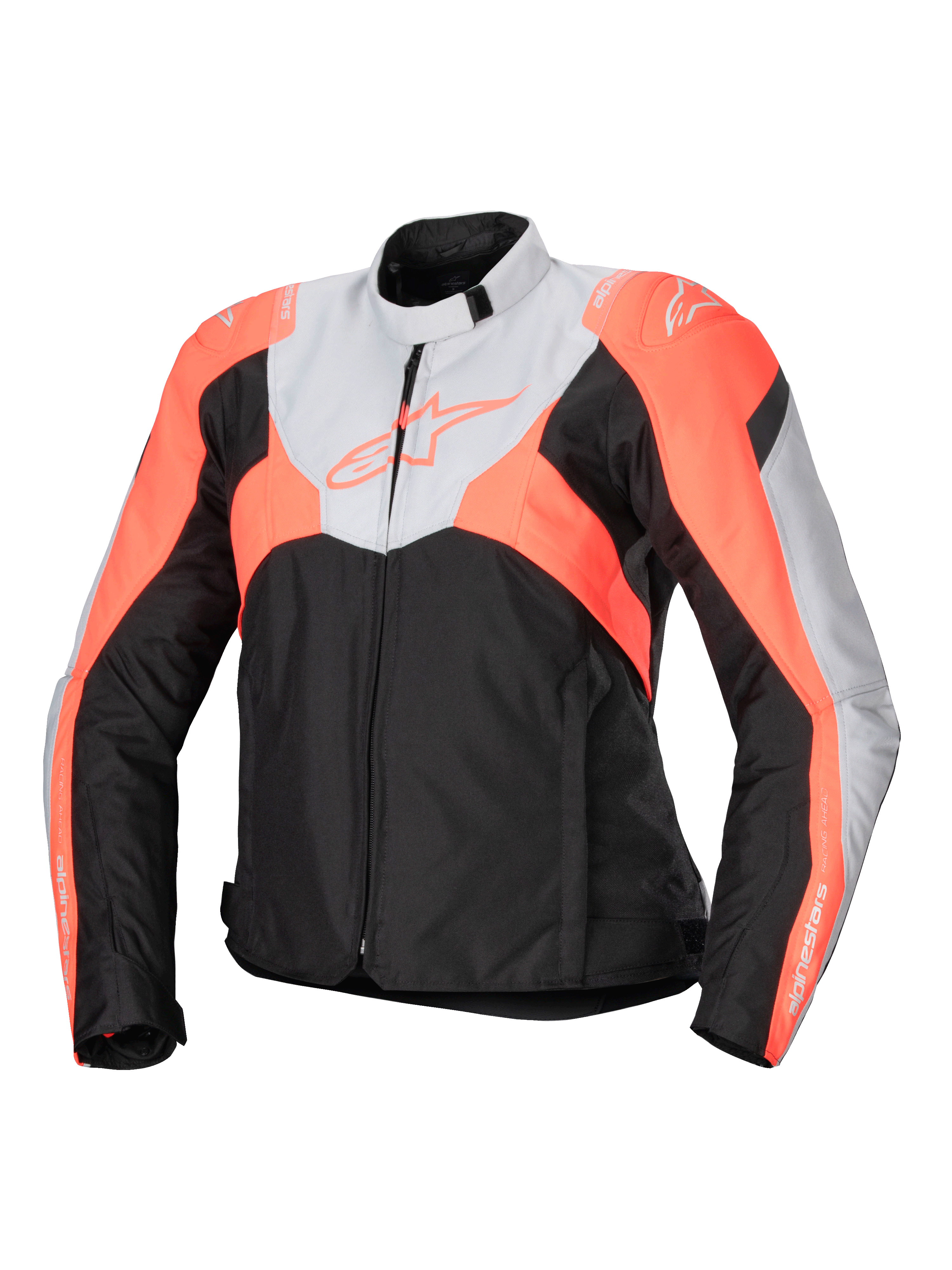 Alpinestars Stella T-Jaws V4 Waterproof Jacket, sportig motorcykeljacka i textil för damer, svart, isgrå och neonkorall, med hög krage, dragkedja fram, vinklade färgblock och logotyper på bröstet och ärmarna