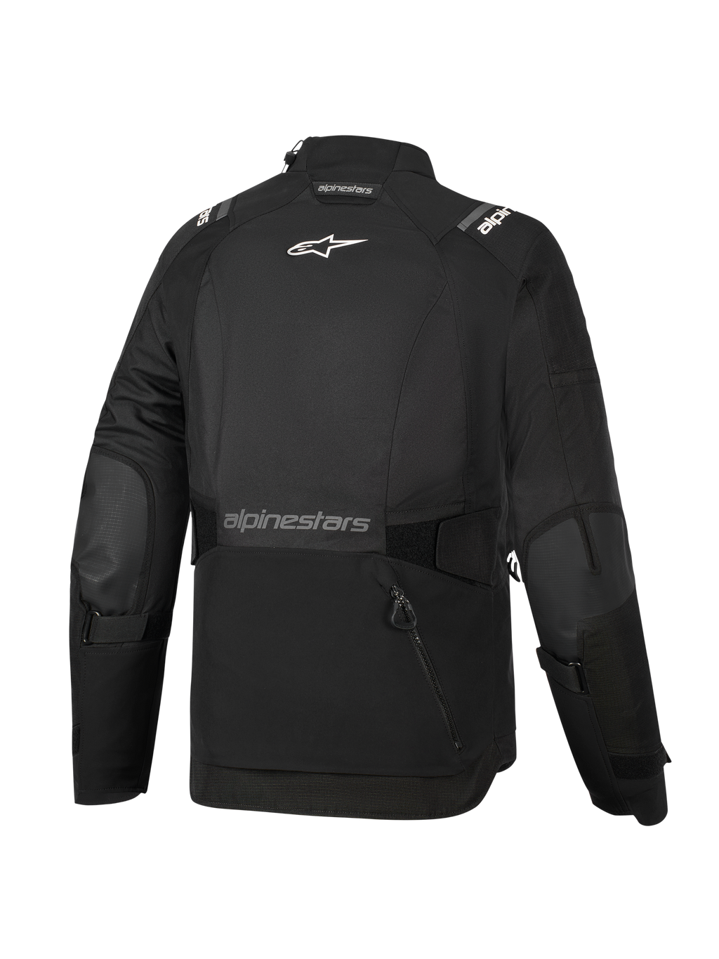 Alpinestars Stella Andes V4 Drystar®-jacka för dam, svart, sedd bakifrån, med ett stort bakre förvaringsfack, vit Alpinestars-logotyp på övre ryggen och textlogotyp på nedre delen av ryggen, justerbara midje- och ärmremmar, slitstark textiljacka för äventyrstouring