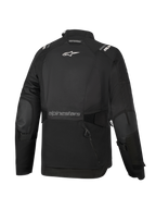Alpinestars Stella Andes V4 Drystar®-jacka för dam, svart, sedd bakifrån, med ett stort bakre förvaringsfack, vit Alpinestars-logotyp på övre ryggen och textlogotyp på nedre delen av ryggen, justerbara midje- och ärmremmar, slitstark textiljacka för äventyrstouring